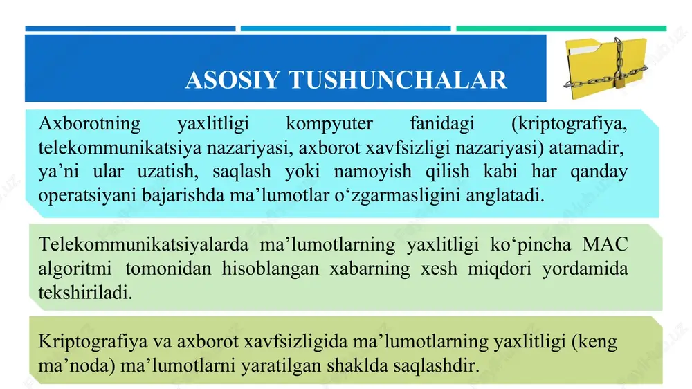ac(m, k)) ma’lumot juftlaridan hujumchi faqat ma’lumotni o‘zgartirishi mumkin bo‘ladi va bu holat qabul qiluvchi tomonidan osonlik bilan aniqlanadi. ochiq kalitli shifrlash algoritmlari asosida ma’lumot yaxlitligini tekshirish va rad-etishdan himoyalash “elektron raqamli imzo (eri) — elektron hujjatdagi mazkur elektron hujjat axborotini elektron raqamli imzoning yopiq kalitidan foydalangan holda, maxsus o‘zgartirish natijasida hosil qilingan, hamda elektron raqamli imzoning ochiq kaliti yordamida elektron hujjatdagi axborotda xatolik yo‘qligini aniqlash va elektron raqamli imzo yopiq kalitining egasini identifikatsiya qilish imkoniyatini beradigan imzo”. ochiq kalitli shifrlash algoritmlari asosida ma’lumot yaxlitligini tekshirish va rad-etishdan himoyalash axborot xavfsizligida rad etish muammosi mavjud, unga ko‘ra foydalanuvchi hujjatni imzolaganini rad etadi (ya’ni, men imzolamadim deb turib oladi). mazkur muammoni oldini olishda aynan elektron raqamli imzo(eri) tizimlaridan foydalaniladi. shunday qilib, eri tizimlari nafaqat ma’lumot yaxlitligini ta’minlaydi, balki imzolovchining majburiyatlardan tonishiga yo‘l qo‘ymaydi (yoki rad etishni oldini oladi). shu sababli, eri tizimlari ma’lumotlar yaxlitligini ta’minlovchi simmetrik kriptotizimlarga asoslangan mac tizimlaridan ajralib …