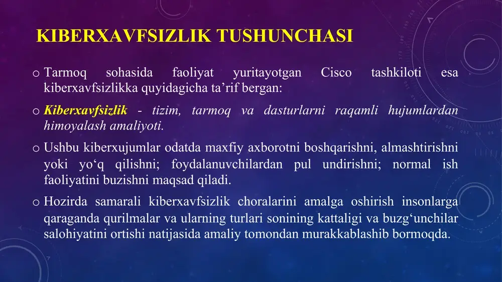 y sohasi, axborotning nazar (qog‘oz ko‘rinishidagi, elektron va insonlar fikrlashida, og‘zaki va vizual) intelektual huquqlarni himoyalash bilan shug‘ullanadi. axborot xavfsizligi axborotning holati bo‘lib, unga binoan axborotga tasodifan yoki atayin ruxsatsiz ta’sir etishga yoki ruxsatsiz undan foydalanishga yo‘l qo‘yilmaydi. yoki, axborotni texnik vositalar yordamida ishlanishida uning maxfiylik (konfidensiallik), yaxlitlik va foydalanuvchanlik kabi xarakteristikalarini (xususiyatlarini) saqlanishini ta’minlovchi axborotning himoyalanish darajasi holati. axborotni himoyalash axborot xavfsizligini ta’minlashga yo‘naltirilgan choralar kompleksi. amaldaa axborotni himoyalash deganda ma’lumotlarnii kiritish, saqlash, ishlash va uzatishda uning yaxlitligini, foydalanuvchanligini va agar, kerak bo‘lsa, axborot va resurslarniing konfidensialligini madadlash tushuniladi. axborto xavfsizligi muammolari aktiv tahdid zaiflik tahdid - tizim yoki tashkilotga zarar yetkazishi mumkin bo‘lgan istalmagan hodisa. tahdid - axborot xavfsizligini buzuvchi potensial yoki real mavjud xavfni tug‘diruvchi sharoit va omillar majmui aktiv - himoyalanuvchi axborot yoki resurslar, yoki tashkilot uchun qimmatli barcha narsalar. zaiflik - bir yoki bir nechta tahdidlarni amalga oshirishga imkon aktivi beruvchi tashkilot yoki boshqaruv tizimidagi …