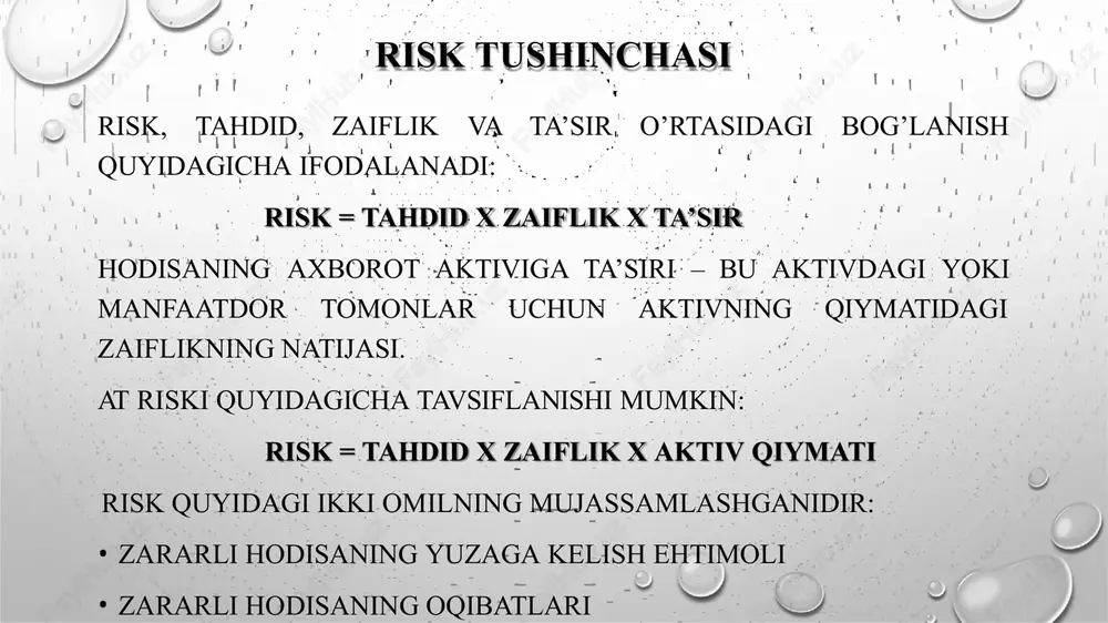 higa ko‘mak beradi resurslardan samarali foydalanish imkonini beradi risklarni boshqarishda muhim rollar va javobgarliklar bosh boshqaruvchi: tashkilotda risklarni boshqarish jarayonini olib borishga rahbar hisoblanib, risklar paydo bo‘lganiga qadar ularni aniqlash uchun talab qilinadigan siyosat va usullarni ishlab chiqadi. bundan tashqari, kelajakda bo‘lishi mumkin bo‘lgan risklarni tutib olish uchun zarur ishlarni amalga oshirish ham uning vazifasi hisoblanadi axborot texnologiyalari bo’yicha direktor: tashkilot axborot va kompyuter texnologiyalarini madadlash uchun zarur bo‘lgan siyosat va rejalarni amalga oshirishga javobgar tizim va axborot egasi: asosan, axborot tizimlari uchun ishlab chiqilgan rejalar va siyosatlarni monitoringlab borish risklarni boshqarishda muhim rollar va javobgarliklar biznes va funksional menejerlar: tashkilotdagi barcha boshqaruv jarayonlarini madadlash uchun javobgar va bu vazifani bajarishlarida tashkilot rahbariyati tomonidan qo‘llab quvvatlanadi at xavfsizlik dasturi menejerlari va boshliqlari: tizimni himoyalashda xavfsizlik nazoratini tanlash orqali axborot tizimi egalarini qo‘llab quvvatlaydi at xavfsizlik amaliyotchilari: tashkilotda shaxsiy, fizik va axborot xavfsizligini amalga oshirishga javobgar xavfsizlik boyicha murabbiy. - tashkilotda …