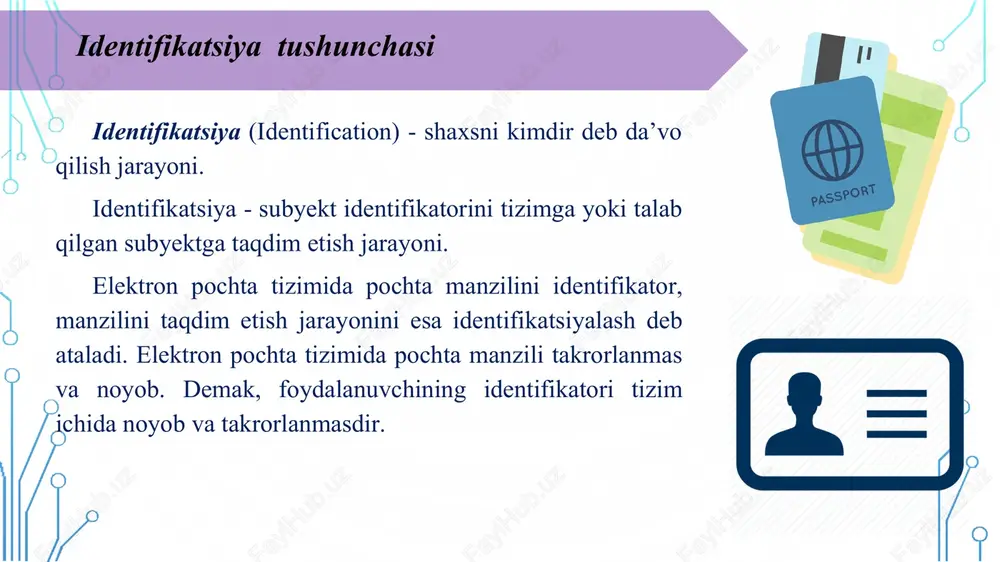 ifikatsiyadan o‘tkazsa, u holda ikki tomonlama autentifikatsiya deb ataladi · elektron to‘lov tizimlarida server foydalanuvchini, foydalanuvchi esa serverni autentifikatsiyadan o‘tkazadi noyob qurilmadan, usuldan yoki ma’lumotlar naboridan (masalan, smart kartalardan, raqamli sertifikatlardan) foydalanishga asoslangan vositalar (something you have). identifikatsiya va autentifikatsiya vositalarini, odatda, autentifikatsiya omillari bo‘yicha uchta turga ajratishadi. qandaydir yashirin axborotni (masalan, parolni, maxfiy pinkodni, klavishalar va iboralar kombinatsiyalarini) bilishga asoslangan vositalar (something you know). tirik organizmning fiziologik atributlariga (something you are) masalan, ko‘z yoyi to‘rpardasiga yoki odatiy atributlarga (something you do) masalan, imzoga asoslangan biometrik vositalar. parol tizimlari parol - faqat foydalanuvchiga ma’lum va biror tizimda autentifikatsiya jarayonidan o‘tishni ta’minlovchi biror axborot. parol amalda autentifikatsiya jarayonida keng qo‘llaniluvchi parametr hisoblanadi. foydalanuvchiok/xatolik foydalanuvchi identifikatori parol server parollash tizimi tahlili -bu autentifikatsiyani amalga oshirish qulay -sarf xarajati kam -almashtirish oson -foydalanuvchi o’zi almashtirishi mumkin -sodda parollar tez qo’lga kiritiladi -parollarga hujum ko‘p uyushtiriladi -parollarni dastur yordamida tez aniqlash mumkin -tarmoqdan tutish …