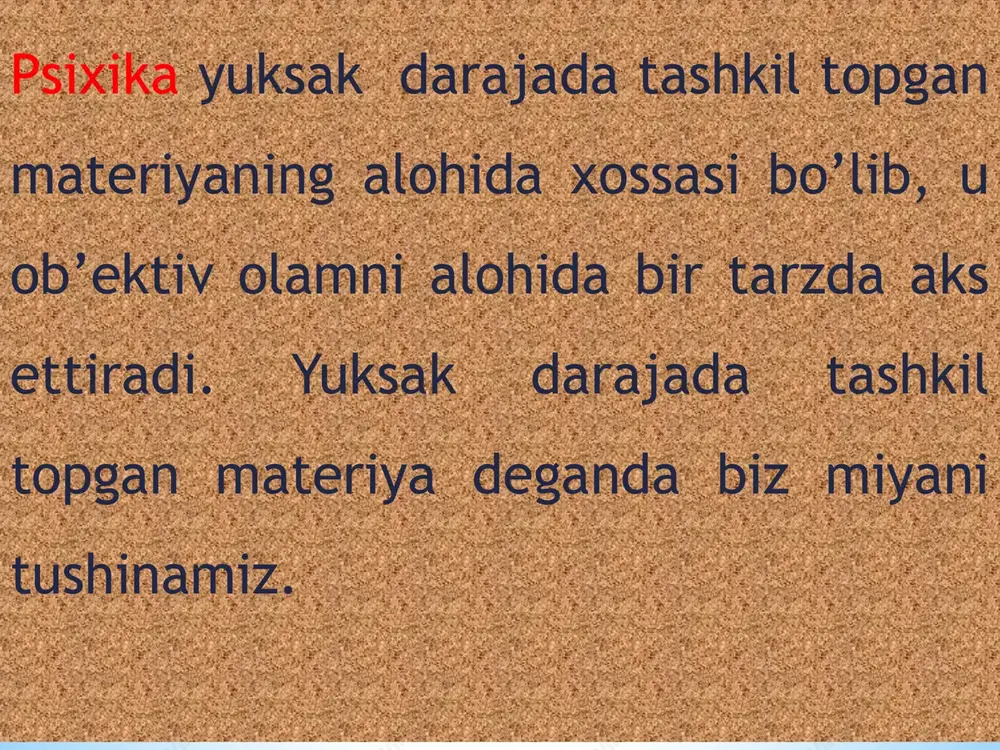 ksalishi va ongli faoliyatni shaqllantirishning eng muhim sharti bo’lib hisoblanadi. tabiatga ta’sir ko’rsatgan va uni o’zgartirgan holda odam shu bilan bir qatorda o’zining shaxsiy mohiyatini ham o’zgartiradi. odam tabiat mahsulini o’z hayoti uchun yaroqli shaklda o’zlashtirib olish uchun o’z tanasidagi tabiiy kuchlarni: qo’l va oyoqlarini, bosh va barmoqlarini harakatga keltiradi. shu harakat vositasida tashqi tabiatga ta’sir qilib va uni o’zgartirib odam, shu bilan birga, o’z tabiatini ham o’zgartiradi. instinktlar hayvoning tabiiy ehtiyojlarini qondirish uchun qiladigan murakkab tug'ma harakatlaridir * hayvonlarning instinktlari turli xil ko'rinishda namoyon bo'ladi * inson va hayvon psixikasidagi farq: til va tafakkur qurol yasash va asrash inson o'zidan keyingi avlodlarga ijtimoiy tajribani qoldiradi hissiyot * instinktlar hayvonlarning tabiiy ehtiyojlarini qondirish uchun qilinadigan murakkab tug’ma harakatlardir. masalan: qushlarning in yasashda cho’p, loy tanlashi, o’rgimchaklarning to’qish san’ati. asalari o’z kataklarida go’yo puxta hisob qilib turganday, anik reja bilan quradi. bundan tashqari asalarilarda bir-biriga xabar berish qobiliyati mavjud. instinktlar bir …