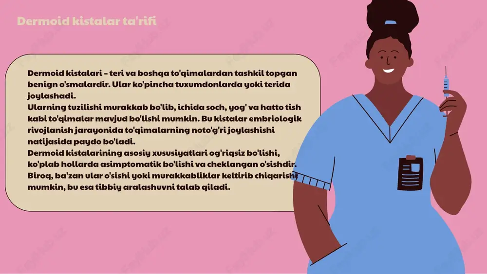 rda dermoid kistalar bilan bog'liq tadqiqotlar olib borilmoqda. ushbu tadqiqotlar kistalarning tashxisini va davolash usullarini yaxshilashga qaratilgan. shuningdek, kistalar bilan bog'liq genetik va ekologik omillar ham o'rganilmoqda. dermoid kistalarining kelajakdagi tadqiqot yo'nalishlari kelajakda dermoid kistalariga oid tadqiqotlar asosan genetik omillarni, yangi tashxis usullarini va davolash strategiyalarini o'rganishga qaratiladi. shuningdek, kistalarning oldini olish va ularga qarshi profilaktika choralarini ishlab chiqish ham muhim yo'nalishlardan biridir. kelajakdagi istiqbollar yaqin kelajakda dermoid kistalar bilan bog'liq yangi tadqiqotlar yangi davolash usullari, shuningdek, kistalarning rivojlanish mexanizmlari bo'yicha chuqurroq tushuncha berishga yordam beradi. ongoing klinik tadqiqotlar esa yangi terapiya variantlarini ishlab chiqishga qaratilgan. photo by tom claes on unsplash 1. 2. 3. 4. dermoid kistalarni tashxis qilish usullari dermoid kistalarni tashxis qilishda bir nechta asosiy usullar qo'llaniladi: 1. ultrasonografiya (us) - kistalarning joylashuvi va o'lchamini aniqlashda foydali. 2. kompyuter tomografiyasi (kt) - kistalarning aniq ko'rinishini beradi va ularning tuzilishini baholashga yordam beradi. 3. magnet-rezonans tomografiyasi (mrt) - …