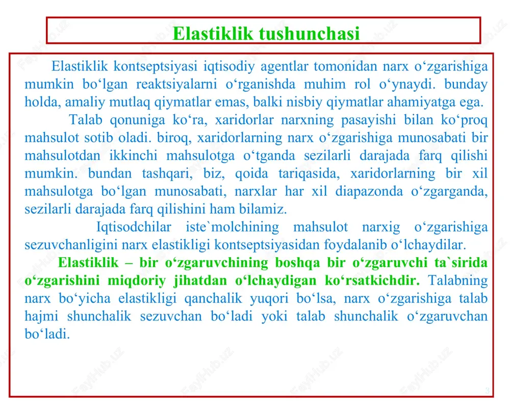 i tovar kategoriyasi tovar zaxirasi iste’mol- chilarning kutishlari yu- qori past yu- qori past hasham buyumi zaru- riy buyum ko ‘ p taq- chil uzoq davr qisqa davr talab elastikligini oshishi talab elastikligini pasayishi . r q q r r r q q e d r d d × = d d = . 2 1 1 2 2 2 1 1 2 1 p q q p p p q q e p q d d × = d d = m k k m m m k k p q p q q p p p q q e a p d d × = d d = q 2 p 2 p 1 d q p ( – tr ) (+ tr ) a b q 2 p 2 p 1 m p 1 d q p q 1 b a ( +tr ) ( – tr …