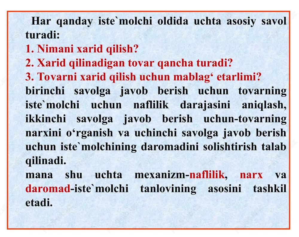 matning nafligi-ne`matning inson ehtiyojini qondira olish xususiyatidir. iste`mol nazariyasida ne`mat-bu iste`molchining ehtiyojini qondira oladigan har qanday iste`mol ob`ektidir. ko‘p hollarda ne`matlar yakka tartibda emas, balki majmua tartibda yoki “iste`mol savati” bilan iste`mol qilinadi. iste`mol nazariyasida iste`molchilar ma`lum didga, xohishga ega va ular bu xohish va didlarini qanoatlantirishda byudjet (daromad) bilan cheklangan. bunda ular ne`matlar majmualaridan, maksimal naf keltiradigan majmuani tanlashga harakat qiladi deb qaraladi. iste`molchining daromadi cheklangan, alohida iste`molchi tomonidan sotib olinadigan ne`mat narxi uning miqdoriga bog‘liq emas; iste`molchilar ne`matning nafliligini to‘liq biladi, iste`molchi maksimal naf beruvchi ne`matlar majmuasini tanlaydi, deb faraz qilinadi. * ne`matning narxi, uning umumiy nafligiga emas, balki chekli nafliligi bilan belgilanadi. demak, naflik funktsiyasi, naflik darajasini iste`mol qilingan ne`matlar hajmiga bog‘liqligini ifodalaydi: bu erda: tu-naflik darajasi; x1 , x2 ,……xn -1, 2, ..., n- ne`matlar hajmi naflik funktsiyasi orqali nafaqat umumiy naflilikni ifodalash mumkin, balki aynan bir ne`matdan ketma-ket iste`mol qilish natijasida olinadigan qo‘shimcha naflilik miqdorini …