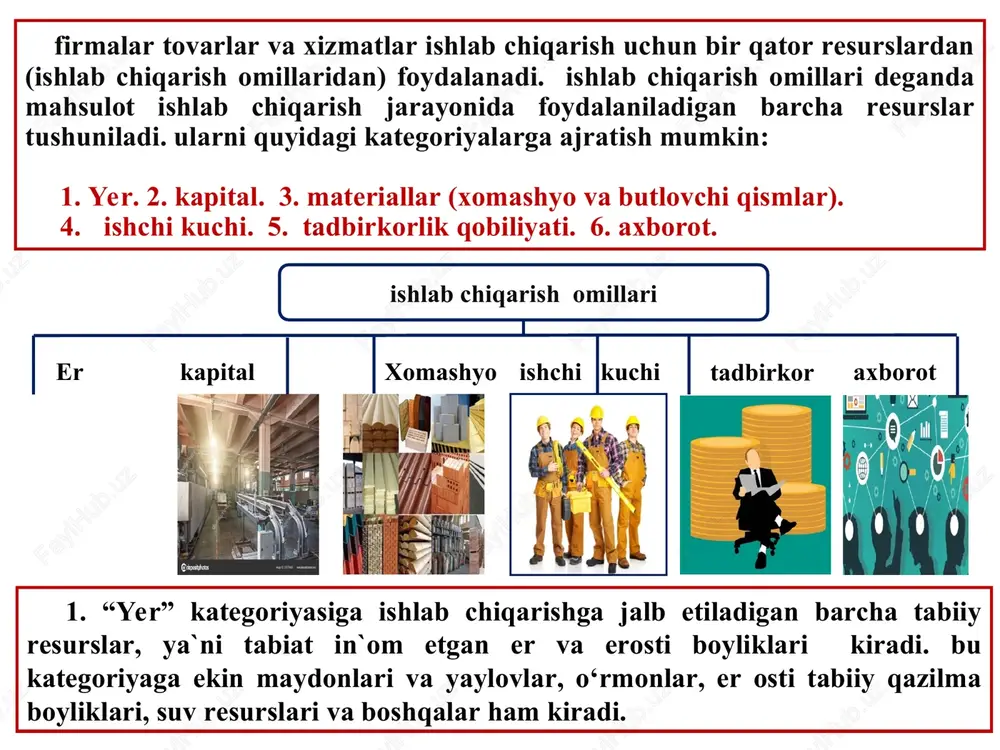 ab chiqarishni samarali tashkil etish mumkin emas. * texnologik va iqtisodiy samaradorlik barcha firmalar samarali ishlab chiqaruvchi bo‘lishga intiladi. bunga erishi uchun firma ham texnologik, ham iqtisodiy jihatdan samarali bo‘lgan ishlab chiqarish usullaridan foydalanishi zarur bo‘ladi. ishlab chiqarish texnologik jihatdan samarali hisoblanadi agar hech bo‘lmaganda bitta resursni kamroq sarflash evaziga belgilangan hajmdagi mahsulotni ishlab chiqarishga imkon beruvchi ishlab chiqarish usullari mavjud bo‘lmasa. bunda ishlab chiqarishga sarflanadigan boshqa resurslar avvalgidan ko‘p hajmda sarflanmasligi lozim. boshqacha qilib aytganda, ishlab chiqarish texnologik jihatdan samarali hisoblanadi agar aniq belgilangan resurslar sarfida maksimal darajada mahsulot ishlab chiqarish mumkin bo‘lsa. iqtisodiy samaradorlik-ishlab chiqarishga sarflangan resurslar va xarajatlar birligiga nisbatan olingan daromadlilik yoki foydalilikni aks ettiruvchi ko‘rsatkichlarni ifodalaydi. iqtisodiy jihat samarali sifatida shunday ishlab chiqarish usuli tushuniladiki, bunda firma resurslarga xarajatlarni oshirmay turib mahsulot hajmini oshirish imkoniga ega bo‘lmaydi yoki hech bo‘lmaganda bitta resursdan kamroq sarflab va qolgan resurslar sarfini oshirmasdan turib mahsulot ishlab chiqarishning avvalgi hajmini …