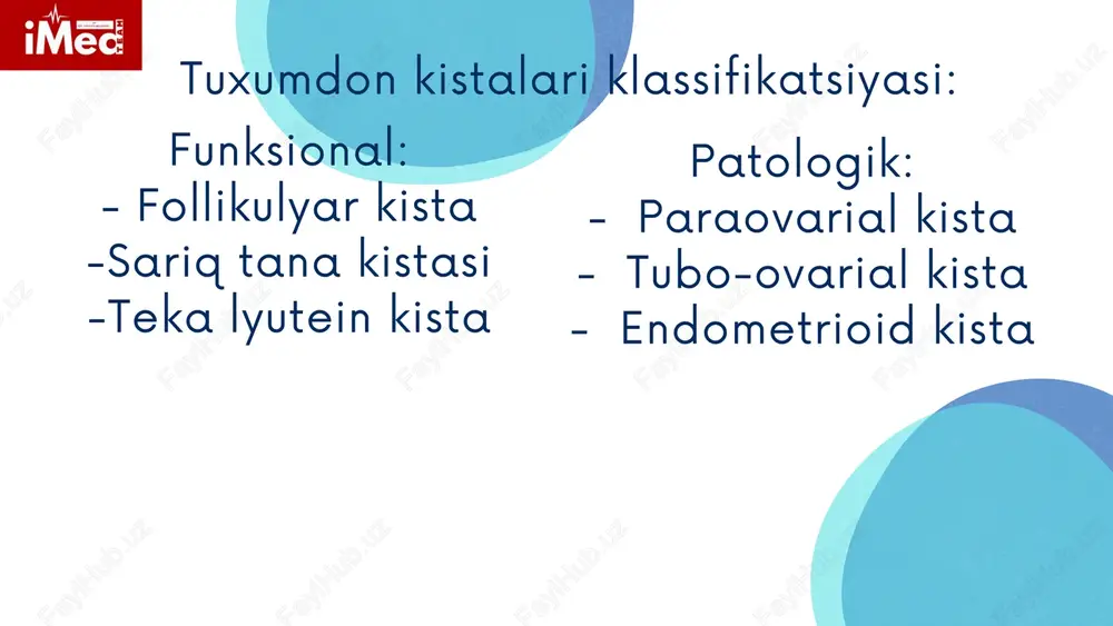 hi sariq tana kistalarida asorat kuzatilmasa va kista hajmi 4sm dan kichik bo`lganda 3 oy davomida kuzatiladi. agar mustaqil regressiyaga uchramasa konservativ davoga o`tiladi. sariq tanani davolash yallig`lanishga qarshi dori vositalarini tayinlash bilan bo`ladi. agar davo muolajasi yordam bermasa operativ davoga murojaat qilinadi. davolash: odatda bilateral kistalar sifatida namoyon bo`ladi, teka hujayralarning lyuteinizatsiyasi kuzatiladi. aniq etiologiyasi noma'lum, ammo "homiladorlik gormoni" bo'lgan inson xorionik gonadotropini (hcg) ning qonda yuqori miqdorda bo`lishi(yoki yuqori sezuvchanlik) bilan bog'liq. ular odatda trofoblastik kasalligi bo'lgan, ko'p homiladorlikli yoki bepushtlik bilan davolangan bemorlarda (tuxumdonlarning stimulyatsiyasi, keyin esa homiladorlik) kuzatiladi. teka lyutein kista molyar homiladorlik bilan og'rigan bemorlarning 50% gacha va xoriokarsinoma bilan og'rigan bemorlarning 10 %da teka lutein kistalari rivojlanadi. ba'zida teka lutein kistalari katta platsentalar bilan bog'liq bo'lgan homiladorlikda, masalan, diabet yoki rh sezgirligi bilan kasallanganlarda paydo bo'lishi mumkin. kamdan-kam hollarda, ular oddiy, yolg'iz homiladorlikda ham paydo bo'lishi mumkin. ushbu o'smalar tug'ruqdan keyingi spontan regressiyaga uchraydi. …