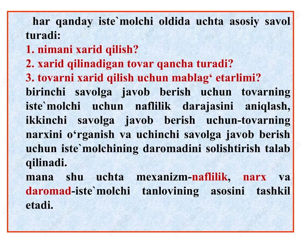 matning nafligi-ne`matning inson ehtiyojini qondira olish xususiyatidir. iste`mol nazariyasida ne`mat-bu iste`molchining ehtiyojini qondira oladigan har qanday iste`mol ob`ektidir. ko‘p hollarda ne`matlar yakka tartibda emas, balki majmua tartibda yoki “iste`mol savati” bilan iste`mol qilinadi. iste`mol nazariyasida iste`molchilar ma`lum didga, xohishga ega va ular bu xohish va didlarini qanoatlantirishda byudjet (daromad) bilan cheklangan. bunda ular ne`matlar majmualaridan, maksimal naf keltiradigan majmuani tanlashga harakat qiladi deb qaraladi. iste`molchining daromadi cheklangan, alohida iste`molchi tomonidan sotib olinadigan ne`mat narxi uning miqdoriga bog‘liq emas; iste`molchilar ne`matning nafliligini to‘liq biladi, iste`molchi maksimal naf beruvchi ne`matlar majmuasini tanlaydi, deb faraz qilinadi. * ne`matning narxi, uning umumiy nafligiga emas, balki chekli nafliligi bilan belgilanadi. demak, naflik funktsiyasi, naflik darajasini iste`mol qilingan ne`matlar hajmiga bog‘liqligini ifodalaydi: bu erda: tu-naflik darajasi; x1 , x2 ,……xn -1, 2, ..., n- ne`matlar hajmi naflik funktsiyasi orqali nafaqat umumiy naflilikni ifodalash mumkin, balki aynan bir ne`matdan ketma-ket iste`mol qilish natijasida olinadigan qo‘shimcha naflilik miqdorini …