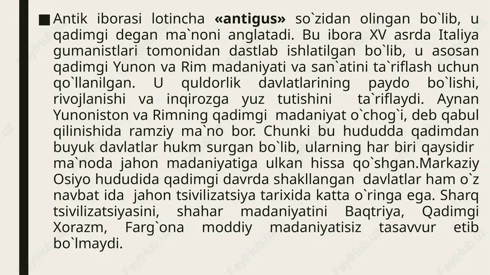 qatlamlari, marg`iyonada govurqal`a kabi shahar qoldiqlari tadqiq etilgan. antik davrda yunon-baqtriyada dehqonchilik va chorvachilikdan tashqari kulolchilik sohasi yuksak darajada taraqqiy qilgan bo`lib, bu davrda yasalgan kulolchilik buyumlarining olamda tengi yo`q edi. uy-joylar shohona saroylar, ibodatxonalar hamda mudofaa inshoatlari qurilishda bu o`lkalar xalqi antik davr olamida yuksalishning yuqori nuqtasiga ko`tarilgan. bu davrda baqtriya va so`g`d yozuvlari shakllanadi va rivojlanadi. tasviriy san`at, me`morchilik, zargarlik san`atida katta yutuqlarga erishiladi. antik davr mualliflari baqtriyani 1000 shaharli mamlakat, deb ta`riflaganlar. yunon-baqtriya aholisi zardo`shtiylik diniy e`tiqodida bo`lib, mahalliy diniy tasavvurlar yunon mifologiyasi obrazlari bilan chatishib ketgan. suvga, erga, quyoshga bo`lgan hurmat va e`tiqod, xudolarga bo`lgan (mitra, naxid...) e`tiqod bilan uyg`unlashib ketgan. ko`chmanchi qabilalarning yunon-baqtriya erlariga kirib kelishi uni inqirozga uchratadi. 110 yilda yuechji qabilalari yunon-baqtriya erlariga kirib kelib, o`z hukmronligini o`rnatdi. guyshan qabilasi yabg`usi kudzula kadfiz boshqa qabila yabg`ularini tobe etib, o`zini hukmdor deb e`lon qiladi. tarix sahnasiga shu tariqa kushonlar davlati kelib, u uzoq muddat, …