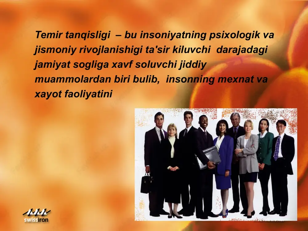 z urishi, yurak soxasida noxushlik. 19 20 temir tankislik anemiyasida teridagi uzgarishlar temirga bo'lgan talab (mg/den) xomila birinchi ikkinchi uchinchi tug`ruqdan keyingi dorlilikgacha uch oylik uch oylik uch oylik davr 0 7 6 5 4 3 2 1 mensturatsiya eritrotsitlar laktatsiya mensturatsiya temir yo'qotilishi xomila ayollarning temirga bo'lgan talabi xomiladorlikgacha, xomiladorlik vaqtida va xomiladorlikdan so'ng xomiladorlikni normal kechishini ta'minlash uchun 1000 mg temir zarur 21 vo vremya beremennosti znachitelnoe snijenie zapasov jeleza mojet vozniknut bolee, chem u polovini jenshin, kotorie ranee ne stradali anemiey. potrebnosti beremennoy jenshini v jeleze skladivayutsya iz sobstvenno potrebnostey jenshini (240 mg), zatrat, vizvannix uvelicheniem chisla eritrotsitov (500 mg jeleza), a takje potrebnostey ploda i platsenti (300 mg), v obshey slojnosti 1000 mg (voz, 1970 g). v sluchae, esli pervonachalnie zapasi v organizme jenshini sostavlyayut, kak minimum, 200 mg, to velichina dopolnitelnix potrebnostey v jeleze ravnyaetsya 800 mg. fakticheski, eti potrebnosti voznikayut vo vtoroy polovine libo …