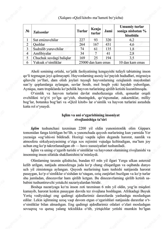 ikda, aviasiya yordamida sepish keng koʻlamda atrof-muhitni ifloslanishiga olib keladi. har yili dunyo boʻyicha hosildorlikni oshirish maqsadida 131 mln tonna mineral oʻgʻit va qishloq xoʻjalik ekinlari zararkunandalariga qarshi kurashish uchun 1 mln tonna pestisidlar ishlatiladi. yaqin yillargacha oʻzbekiston hududida agrolandshaftlarning har bir gektariga ishlatiladigan pestisidlarning oʻrtacha miqdori 54 kg atrofida boʻlgan. bu koʻrsatkich rossiyada 1-2 kg ni, aqsh da 2-3 kg ni tashkil etgan. pestisidlar atmosferada uzoq masofalarga tarqalishi, shuningdek, suv orqali dala, daryo, koʻllardan oʻtib dunyo okeanlarida toʻplanadi. eng xafvli joyi shundaki ular ekologik oziq zanjiriga qoʻshilib, tuproqdan va suvdan oʻsimliklarga, undan hayvonlarga va qushlarga nihoyat oziq va suv bilan odam organizmiga oʻtadi. pestisidlarning tirik tabiatda va odamga koʻrsatayotgan zarari jiddiy, shu bilan birga ular tashqi muhit omillariga nisbatan barqaror moddalar hisoblanadi. tirik tabiatdagi oʻsimlik va hayvon turlari sonining qisqarishi muammosi. yer yuzidagi hayotni taʼminlashda oʻsimliklar dunyosi, ayniqsa, oʻrmonlarning ahamiyati beqiyosdir. hozirgi vaqtda yer yuzi quruqligining 25 % ni …