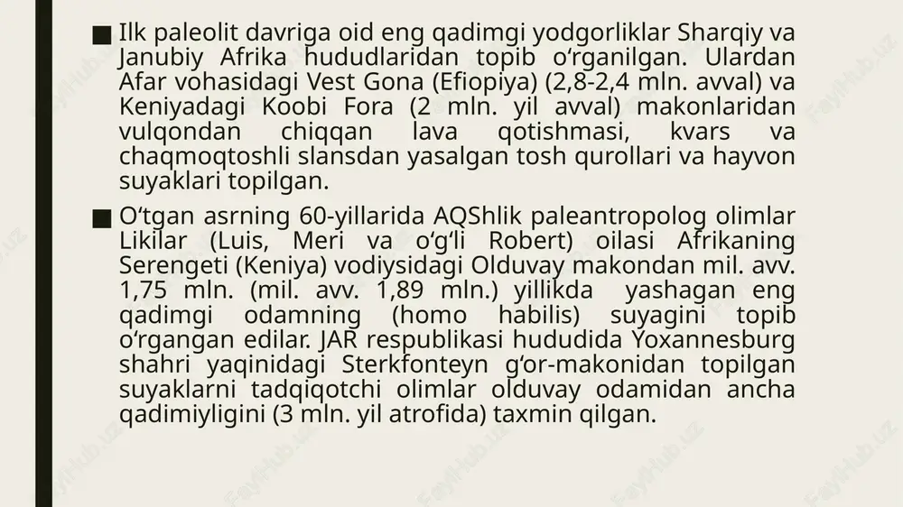 llashgan. chaqmoqtosh qo‘l cho‘qmorining ikka tomoninga ham qo‘pol kertish yo‘li bilan ishlov berilgan. kertish davomida vujudga kelgan turli uchrindilardan turli narsalarni kesishda foydalanganlar. uchrindilar qirra tomonlari mayda kertish usuli bilan o‘tkirlangan va keskich asboblari sifatida foydalanilgan. uchburchaksimon tosh uchrindilariga ko‘proq ishlov berilgan. asta–sekin tosh qurollarining turi ko‘paya boshlagan. dastlab sixcha va qirg’ichsimon qurollar vujudga kelgan. tosh sixcha qurollardan yog’och qurollar yasashda va ovda nayza tig’i sifatida foydalanilgan bo‘lsa, qirg’ichlardan kiyim–kechak uchun hayvon terilariga ishlov berishda foydalanganlar. daryo toshidan (galechniy) yasalgan tosh qurollari (yevropa) 1-5. vertesselesh, 6-8. vallone. selengur g‘or-makoni. selengur-makoni tosh qurollar (qo‘l cho‘qmori va qo‘lbolta). ko‘lbuloq makoni. ko‘lbuloq makoni toshkent viloyati angren shahridan 12 km. g‘arbda ohongaron daryosining irmog‘i jarsoyning o‘ng tomonidagi soy bo‘ylab uzunasiga joylashgan tepalikning qiyalangan joyda, shu nomdagi buloq yaqinida joylashgan. makonda qalinligi 19 m. dan iborat 49 ta (m.r.qosimov 41 ta madaniy qatlamni qayd etgan) madaniy qatlam aniqlangan. makonning quyi qismidagi 22 ta madaniy qatlami …