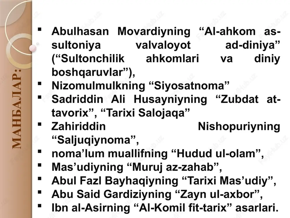 aznaviylar qo‘shinlari yengiladi va suboshi 20 g‘ulomi bilan birga jang maydonini tark etib, hirotga yashirinadi. uning orqasidan quvgan chagʻribek tus shahriga g‘olib sifatida qaytadi. uni bu yerda nishopur zodagonlari qarshi olishgan. bu g‘alaba tufayli to‘g‘rulbek as-sultan al-muazzam rukn ad-dunya va-d-din abu tolib laqabini oldi. sulton unvonini olgan to‘g‘rulbek dandanaqondagi g‘alabadan so‘ng xalifa al-qoyim (1031-1075)ga maktub yo‘llab, g‘aznaviylar ustidan qozonilgan g‘alaba haqida xabar bergan va xurosonda adolat o‘rnatish bilan mashg‘ul ekanini bildirgan. saljuqiylar rahnamosi to‘g‘rulbek (1040-1063) boshchiligidagi qo‘shin tez orada xurosonning katta qismi, xorazm, dehiston, gurgonni qo‘lga kiritdi. to‘g‘rulbek qo‘shini 1055-yili bag‘dodga kirib keldi. bag‘doddagi abbosiylar xalifasi al-qayum (1031-1075) to‘g‘rulbek hukmini tan olgan holda uni “sulton” deb e’lon qildi. saljuqiylar yaratgan buyuk imperiya bir qancha bo'laklarga bo'linib ketadi. eronda kirmon, kichik osiyoda rum, ko'nyo, shomda suriya sultonliklari shular jumlasidandir. image2.png image3.png image4.jpeg image5.jpeg image6.png image7.gif image8.jpeg image9.jpeg image10.jpeg image11.jpeg image12.jpeg image13.jpeg /docprops/thumbnail.jpeg