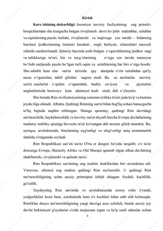 g badiiy ijodining yakunlanishi hisoblanadi. garchi qadimgi rim ustalari yunoniston an'analarini davom ettirgan bo'lsalar ham, qadimgi rim san'ati tarixiy voqealarning borishi va yo'nalishi, yashash sharoiti va diniy qarashlarning o'ziga xosligi, rimliklar xarakterining xususiyatlari va boshqa omillar bilan belgilanadigan mustaqil hodisadir. rim san'ati o'ziga xos badiiy hodisa sifatida faqat xx asrda o'rganila boshlandi, shundan keyingina uning o'ziga xosligi va o'ziga xosligini anglab yetdi. shunga qaramay, ko'plab taniqli anti-olimlar rim san'atining tarixi hali yozilmagan, uning muammolarining murakkabligi hali ochilmagan deb hisoblashadi. qadimgi rimliklarning asarlarida yunonlardan farqli o'laroq, simvolizm va allegoriya ustunlik qilgan. shunga ko'ra, ellionlarning plastik tasvirlari rimliklar orasida juda go'zal ko'rinishga ega bo'lib, unda makon va shaklning xayoliy tabiati ustunlik qilgan - bu nafaqat freskalarda va mozaikalarda, balki releflarda ham mavjud. menada skopas yoki samotrassadagi nika kabi haykallar endi yaratilmadi, ammo rimliklar haykaltarosh portretlarga ega bo'lib, shaxs va shaxsning individual xususiyatlarini, shuningdek tarixiy voqealarni ishonchli tasvirlagan relyefga ega edilar. rim ustalari, …
