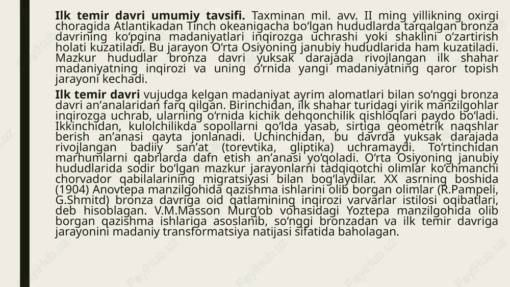 ʼni ko‘hna shaharlar (yoztepa, to‘g‘aloqtepa, toxirboy i, qo‘hna marv). bunday manzilgohlar ikki qism: qalʼa (ark) va aholi yashaydigan shahriston qismlardan tashkil topib, ular alohida mudofaa devoriga ega bo‘lgan. ikkinchisi yirik dehqonchilik qishloqlari va uchinchisi kichik dehqonchilik qishloqlari yoki uy-qo‘rg‘onlardan iborat. yoztepa yodgorligi shahar shaklidagi yirik manzilgohlarning eng qadimgisidir. umumiy maydoni 16 ga. dan iborat manzilgoh taraqqiyotining ikkinchi davrida (yoz ii) uning chekkasida 1 ga. joyda qalinligi 8 m. keladigan tag kursi ustida qalʼa-qo‘rg‘on, yaʼni ark qurilgan. qalʼa-qo‘rg‘on atrofida tarqoq joylashgan uy-joy imoratlari qurilib, shahriston shakllangan, ular umumiy mudofaa devori bilan o‘rab olingan. yoztepa ilk temir davrining rivojlangan bosqichida marg‘iyonaning markazini tashkil etgan. yoztepa manzilgohida shahar shakllangan davrda (mil.avv. vii asr) erkqalʼa va gyaurqalʼa yodgorliklari o‘rnida o‘troq dehqonchilik qishlog‘i shakllangan. mil.avv. i ming yillikning o‘rtalarida manzilgoh rivojlanib, shahar darajasiga o‘sadi. erkqalʼa ko‘hna marv shaharning arki, unga tutashgan gyaurqalʼa shahriston qismini tashkil etgan. bu shahar murg‘ob vohasidagi yirik shahar bo‘lib, marg‘iyonaning maʼmuriy …