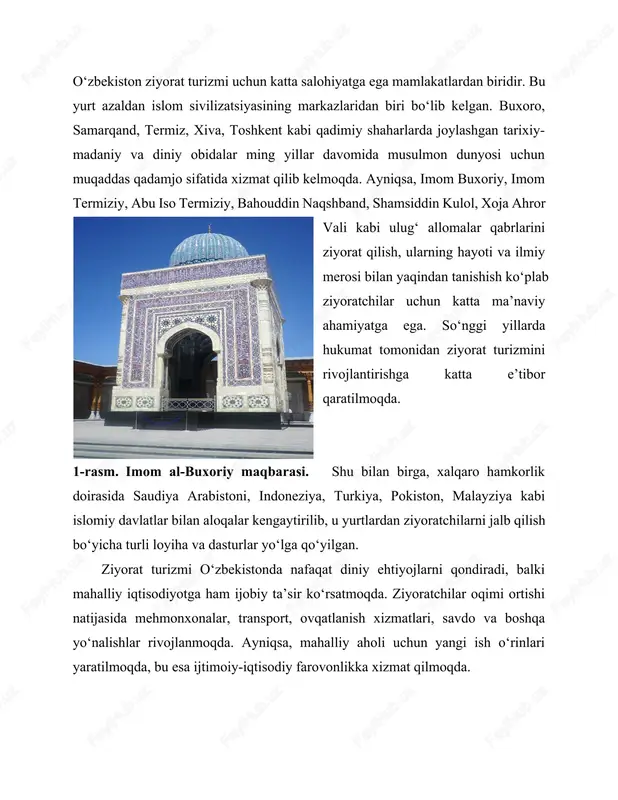 a. ayniqsa, mahalliy aholi uchun yangi ish o‘rinlari yaratilmoqda, bu esa ijtimoiy-iqtisodiy farovonlikka xizmat qilmoqda. bundan tashqari, ziyoratchilarga qulay sharoitlar yaratish maqsadida hukumat tomonidan turistik xizmatlar sifatini oshirish, xorijiy tillarda so‘zlovchi gidlar tayyorlash, elektron vizalarni joriy etish, onlayn bron qilish tizimlarini takomillashtirish kabi ishlar amalga oshirilmoqda. toshkent, buxoro, samarqand va termiz kabi shaharlardagi aeroport va temiryo‘l vokzallari zamonaviylashtirilib, xorijiy sayyohlar uchun qulayliklar yaratildi. 2-rasm. samarqand shahri. registon maydoni bularning barchasi o‘zbekistonni islomiy ziyorat turizmining mintaqaviy va global markaziga aylantirishga xizmat qilmoqda. ma’naviy va tarixiy merosni saqlab qolish, uni keng ommaga yetkazish va yosh avlodga ulug‘ allomalar hayoti orqali ibrat berish kabi jihatlar ham bu sohaning ijtimoiy ahamiyatini oshirmoqda. adabiyot taxlili ziyorat turizmi bo‘yicha yozilgan ilmiy va amaliy manbalarni tahlil qilish shuni ko‘rsatadiki, bu soha bo‘yicha o‘zbekistonda so‘nggi yillarda bir qator tadqiqotlar olib borilmoqda. jumladan, turizm geografiyasi, diniy sayohat psixologiyasi, madaniy merosni asrash va ziyoratchilarning ijtimoiy portretini o‘rganishga doir ilmiy maqolalar …