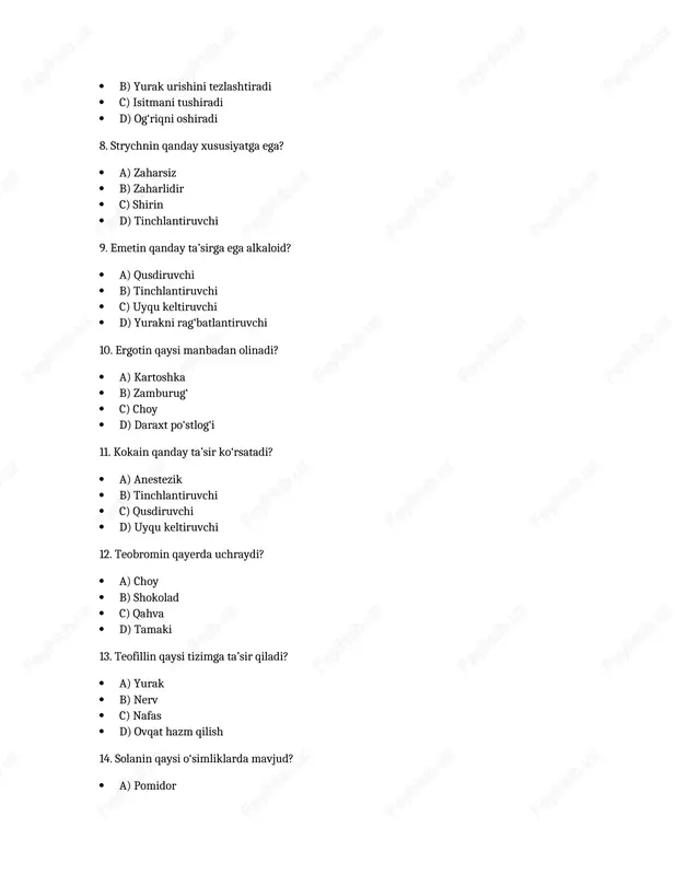. vinblastin tibbiyotda nima uchun ishlatiladi? a) saratonni davolash b) tinchlantirish c) isitmani tushirish d) allergiyani kamaytirish 25. vincristinning biologik ta’siri nimada namoyon bo‘ladi? a) antitumor b) antibakterial c) antiviral d) antifungal /docprops/thumbnail.jpeg