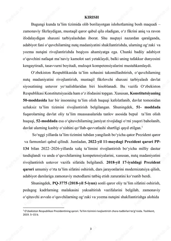 ’tirof etilmoqda.2 adabiyot darslari jarayonida o‘quvchi badiiy matnni o‘qish, tushunish, tahlil qilish, undagi obrazlar mohiyatini anglash orqali til sezgirligini rivojlantiradi, ifoda vositalaridan to‘g‘ri foydalanishga o‘rganadi. ayniqsa, og‘zaki va yozma nutqni o‘stirishga qaratilgan mashg‘ulotlar o‘quvchilarda mantiqiy fikrlash, izchil bayon qilish, badiiy tilni his etish, nutq madaniyatiga amal qilish kabi muhim kompetensiyalarni shakllantiradi. shu bois adabiy ta’limda nutqni o‘stirish metodikasi o‘qituvchining ijodkorligi, pedagogik mahorati va zamonaviy metodlardan o‘rinli foydalanish darajasiga bevosita bog‘liqdir. mazkur kurs ishining asosiy maqsadi — adabiyot darslarida o‘quvchilarning yozma va og‘zaki nutqini o‘stirishga xizmat qiladigan samarali metodlar, usullar, texnologiyalarni o‘rganish hamda ularni amaliyotga tadbiq etish yo‘llarini tahlil qilishdan iborat. mavzuning dolzarbligi: bugungi kunda ta’lim tizimida o‘quvchilarning mustaqil fikrlashi, o‘z fikrini aniq, ravon va mantiqiy tarzda ifoda eta olishi eng muhim kompetensiyalar qatoriga kiradi. global axborot oqimi, kommunikativ jarayonlarning jadallashuvi, raqobatbardosh shaxsni tarbiyalash zaruriyati o‘quvchi nutq madaniyatini rivojlantirishni dolzarb masalaga aylantirmoqda. adabiyot fani og‘zaki va yozma nutqni shakllantirishda asosiy vositalardan …