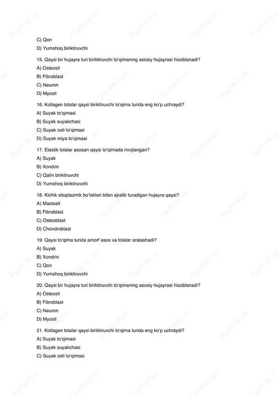 tolalar qaysi biriktiruvchi to‘qima turida eng ko‘p uchraydi? a) suyak to‘qimasi b) suyak suyakchasi c) suyak osti to‘qimasi d) suyak miya to‘qimasi 32. elastik tolalar asosan qaysi to‘qimada rivojlangan? a) suyak b) xondrin c) qalin biriktiruvchi d) yumshoq biriktiruvchi 33. kichik sitoplazmik bo‘laklari bilan ajralib turadigan hujayra qaysi? a) mastosit b) fibroblast c) osteoblast d) chondroblast 34. qaysi to‘qima turida amorf asos va tolalar aralashadi? a) suyak b) xondrin c) qon d) yumshoq biriktiruvchi 35. qaysi bir hujayra turi biriktiruvchi to‘qimaning asosiy hujayrasi hisoblanadi? a) osteosit b) fibroblast c) neuron d) myosit 36. kollagen tolalar qaysi biriktiruvchi to‘qima turida eng ko‘p uchraydi? a) suyak to‘qimasi b) suyak suyakchasi c) suyak osti to‘qimasi d) suyak miya to‘qimasi 37. elastik tolalar asosan qaysi to‘qimada rivojlangan? a) suyak b) xondrin c) qalin biriktiruvchi d) yumshoq biriktiruvchi 38. kichik sitoplazmik bo‘laklari bilan ajralib turadigan hujayra qaysi? a) mastosit b) fibroblast c) osteoblast d) chondroblast …