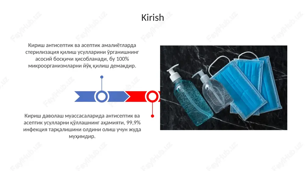 h zarur, shu jumladan qo'lqoplar va ko'zoynaklar, kimyoviy kuyishlar va ko'z shikastlanishlarining oldini olish uchun. antiseptik eritmalarni suyultirish bo'yicha ishlab chiqaruvchining ko'rsatmalariga qat'iy rioya qiling, chunki noto'g'ri konsentratsiya samaradorlikni kamaytirishi yoki toksiklikni oshirishi mumkin. antiseptika va aseptikaning ahamiyati antiseptikalar teridagi mikroorganizmlarni yo'q qilish orqali infektsiyani kamaytiradi, masalan, 70% spirtli eritma, operatsiya yoki in'ektsiya oldidan qo'llaniladi. aseptika steril muhitni yaratishga qaratilgan, misol uchun, avtoklav yordamida tibbiy asboblarni 121°c da sterilizatsiya qilish infektsiyaning oldini olish uchun zarur. antiseptik va aseptik vositalarni tanlash antiseptik vositalarni tanlashda mikroorganizmlarning spektrini, ta'sir qilish vaqtini va 0.5-3% konsentratsiyani hisobga oling, toksiklik darajasi minimal bo'lishi kerak. aseptik vositalarni tanlashda sterillik darajasi en 556-1 standartiga mos kelishi, material bilan mosligi va 121-134°c haroratda avtoklavlash imkoniyati muhim. antiseptika va aseptikaning tarixi aseptika xx asr boshlarida, germaniyalik jarroh gustav neuber sterilizatsiya usullarini takomillashtirganda, keng qo'llanila boshlandi. 1867-yilda jozef lister antiseptik jarrohlikni karbol kislotasi bilan joriy etib, operatsiya natijalarini sezilarli darajada yaxshiladi. …