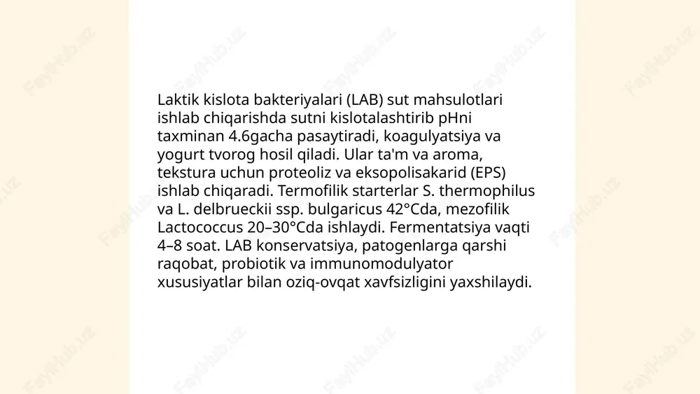 dan foydalanish, starterlarni kapsullash yoki yuqori boshlang'ich hujayra konsentratsiyasi, fermentatsiya sharoitlarini optimallashtirish va monitoring. ... t.me/slaydai_bot pasteurizatsiya (ltlt 63°c 30 min, htst 72°c 15 s) va uht (135–150°c 2–5 s) sutdagi patogen va buzilish mikroflorani sezilarli kamaytiradi. issiqlik enzimlar faolligini pasaytiradi, starterlarning lag fazasini uzaytirib, kislotalanish tezligini sekinlashtiradi. spor-former bakteriyalar (bacillus, clostridium) ko‘pincha saqlanadi. fermentativ lazzat rivojlanishi va proteoliz pastga tushadi. probiotik va starter salomatligi htstda yuqori, uhtda sezilarli kamayadi; sterilizatsiyada rekolonizatsiya talab etiladi. ... t.me/slaydai_bot sutdagi antibiotik qoldiqlari (eng ko‘p beta-laktamlar, tetratsiklinlar, sulfonamidlar) starter madaniyatlarning laktik kislotali bakteriyalarini inhibe qiladi, ph tushishini sekinlashtiradi, fermentatsiya kechikishi yoki to‘xtashiga, mahsulotning organoleptik buzilishlariga va iqtisodiy yo‘qotishlarga olib keladi. pasteurizatsiya qoldiqlarni olib tashlamaydi. aniqlash usullari: mikrobiologik inhibitor testlari, elisa, hplc. nazorat choralari: davolashdan keyingi chiqarib qo‘yish muddatlariga rioya qilish, sutni muntazam skrining, antibiotiklarni oqilona qo‘llash. ... t.me/slaydai_bot pishloq pishish jarayonida starter va nonstarter bakteriyalar hamda qoʻshimcha mikroorganizmlar (lactococcus, lactobacillus, streptococcus thermophilus, propionibacterium, brevibacterium, …