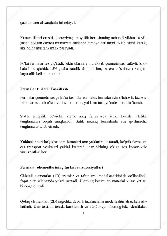 di, bunda 3 ta element kesiladi va muvozanat tenglamalari orqali kuchlanishlar hisoblanadi. birikma usuli fermalar elementlarida kuchlanishlarni aniqlashda muhim, bunda har bir tugundagi kuchlar yig'indisi nolga teng bo'lishi kerak (σfx=0, σfy=0). virtual ish usuli deformatsiyalarni hisoblash orqali kuchlanishlarni aniqlashga yordam beradi, tashqi yuklardan kelib chiqadigan virtual ish ichki kuchlanishlar bilan bog'lanadi. mustahkamlik va barqarorlikni tekshirish mustahkamlikni tekshirishda, truss elementlaridagi kuchlanishlar ruxsat etilgan qiymatlardan oshmasligiga e'tibor qaratiladi, masalan, po'lat uchun 250 mpa dan kam bo'lishi kerak. barqarorlikni tekshirishda, egilish va burilish kabi hodisalarni oldini olish uchun euler formulasi yordamida tanqidiy yuk ko'rsatkichlari (masalan, 1.2 dan yuqori) baholanadi. trusslarning yaroqlilik holatini tekshirishda, cheklangan deformatsiyalar, masalan, l/360 dan oshmasligi, yuk ostida funksionallikni saqlash uchun muhim ahamiyatga ega. ulanish joylarini loyihalash ulanish joylarini loyihalashda 1-darajali vazifa - bu kuchlanish kontsentratsiyasini minimallashtirishdir. bu, ayniqsa, payvandlash va murvat bilan biriktirilgan joylarda muhim, chunki ular 2.5 faktoriga ko'tarilishi mumkin. truss ulanishlarining geometriyasini optimallashtirish, masalan, 30-60 daraja burchak …