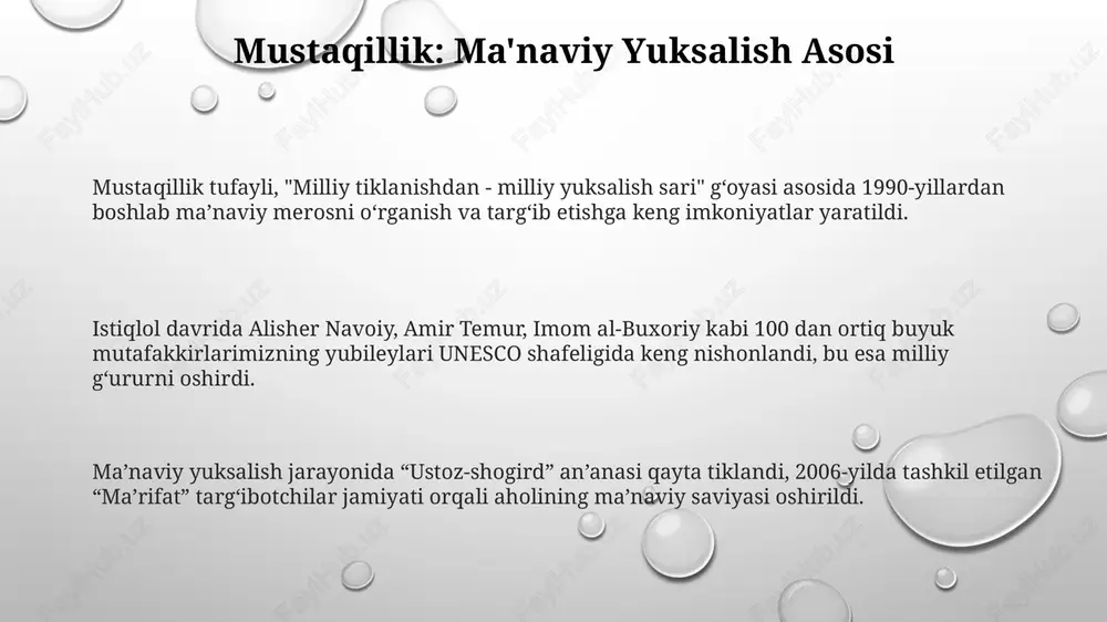 ing eng yaxshi asari» tanlovi 2006-yilda taʼsis etildi. madaniyat muassasalarining faoliyati 2000 dan ziyod kutubxona faoliyat yuritadi, ularning fondida millionlab kitoblar mavjud boʻlib, aholining maʼnaviy ehtiyojlarini qondirishga qaratilgan. mustaqillik yillarida 100 dan ortiq yangi muzeylar tashkil etildi, ular orasida temuriylar tarixi davlat muzeyi va oʻzbekiston davlat sanʼat muzeyi bor. madaniyat markazlari soni 500 dan oshdi, ular turli tadbirlar, master-klasslar oʻtkazish orqali xalq ijodiyotini rivojlantirishga hissa qoʻshadilar. ommaviy axborot vositalarining roli ommaviy axborot vositalari 1991-yildan so'ng erkinlashib, 100 dan ortiq gazeta va jurnallar tashkil etildi, bu esa turli fikrlarni ifodalash imkonini berdi. mustaqillik davrida oav madaniy merosni targ'ib qilishda muhim rol o'ynadi, jumladan, 50 dan ziyod hujjatli film va ko'rsatuvlar yaratildi. televidenie va radio kanallari soni 20 dan oshib, milliy seriallar va ko'rsatuvlar orqali 30 yillik milliy g'oyani shakllantirishda faol ishtirok etdi. yoshlarning ma'naviy tarbiyasi mustaqillik davrida "kamolot" yoih kabi 10 dan ortiq yoshlar tashkilotlari faoliyati orqali yoshlarning ma'naviy barkamol avlod …