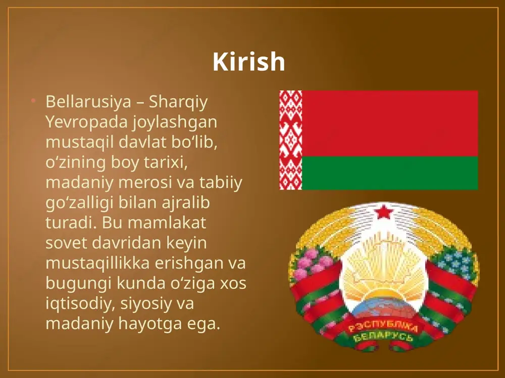 daromadga solinadi qo‘shilgan qiymat solig‘i (qqs) – tovarlar va xizmatlarga tatbiq etiladi ijtimoiy sug‘urta badali – ish beruvchi va xodim tomonidan to‘lanadi aksiz va bojxona soliqlari – import va ayrim mahsulotlarga qo‘llaniladi ma’qsad: davlat byudjetini to‘ldirish va iqtisodiy barqarorlikni ta’minlash soliq darajasi ko‘pincha o‘rta darajada va biznes uchun raqobatbardosh bo‘lishi maqsad qilingan daryo tarixi bellarusiya ijtimoiy siyosati ijtimoiy siyosatning maqsadi: aholining hayot darajasini oshirish va ijtimoiy barqarorlikni ta’minlash. asosiy yo‘nalishlar: sog‘liqni saqlash: bepul tibbiy xizmatlar va kasalliklarni oldini olish dasturlari ta’lim: davlat tomonidan moliyalashtiriladigan maktab va oliy ta’lim muassasalari ijtimoiy yordam: nogironlar, pensionerlar va kam ta’minlangan oilalarga subsidiya va nafaqalar bandlikni qo‘llab-quvvatlash: ish o‘rinlarini yaratish va mehnatni tartibga solish davlat ijtimoiy siyosatni byudjet mablag‘lari va dasturlar orqali amalga oshiradi sanoati sanoatida elektr energetika, yoqilgʻi, metallurgiya, mashinasozlik va metallga ishlov berish, kimyo va neft kimyosi, yogʻochsozlik, sellyulozaqogʻoz, binokorlik materiallari, shisha va chinnifayans, yengil, oziq-ovqat, unyorma va omixta yem, tibbiyot sanoati, mikrobiologiya …