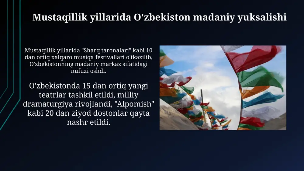 mmaviy axborot vositalarining rivojlanishi va ta'siri mustaqillik yillarida oʻzbekistonda elektron oav, jumladan, televideniye kanallari soni sezilarli darajada oʻsdi, 1991-yildagi 4 tadan 2023-yilda 30 dan ortiq kanalga yetdi. internetning keng tarqalishi bilan yangi axborot platformalari, jumladan, onlayn nashrlar va ijtimoiy media paydo boʻldi, 2023-yilga kelib internet foydalanuvchilar soni 20 milliondan oshdi. kelajakka nazar: madaniy va ma'naviy taraqqiyot istiqbollari 2030-yilgacha madaniy merosni raqamlashtirish, 500 dan ortiq yangi turistik marshrutlarni ishlab chiqish, xalqaro festivallar sonini oshirish rejalashtirilgan. ma’naviy yuksalishda 30 dan ortiq yirik loyihalarni amalga oshirish, jumladan, alisher navoiy asarlarini keng targ’ib qilish va milliy qadriyatlarni mustahkamlash ko’zda tutilgan. e'tiboringiz uchun rahmat image2.jpg image3.jpg image4.jpg image5.jpg image6.jpg image7.jpg image8.jpg image9.jpg image10.jpg image11.jpg image12.jpg image13.jpg