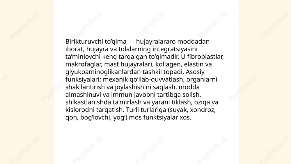 yofibroblastlar kollagen va boshqa ecm komponentlarini sintez qiladi; ularning uzoq muddatli faolligi fibrozga olib keladi. apoptoz yoki dediferentsiatsiya bilan soni kamayadi, mexanotransduktsiya orqali signallarni uzatadi. ... t.me/slaydai_bot ekstratsellyulyar matritsa asosiy komponentlari: tolasimon oqsillar — kollagen (turli turlari), elastin; yopishuvchi glikoproteinlar — fibronektin, laminin; erkin substansiya — proteoglikanlar va glikozaminoglikanlar (hiyaluron kislotasi). funktsiyalari: mexanik qo'llab‑quvvatlash, taranglik va elastiklik, hujayra adhesiyasi va signalizatsiya, migratsiya va differensiasiya uchun muhit ta'minlash, suv va ionlarni bog'lash, yaralanishlarda tiklanishni boshqarish. ... t.me/slaydai_bot kollagen tolalar: turli tiplari — i (tendon, suyak, teri), ii (xondrin), iii (retikulyar tolalar), iv (bazal membrana), v (yuzaki kollagen), vii (ankorlovchi tolalar). tashkil topishi: fibroblastlar procollagenni sintez qiladi; prolin va lizin gidroksilatsiyalanadi (c vitamin kerak), glikozillash; alfa zanjirlar uchta spiral triple heliks hosil qiladi; sekretsiyadan so'ng n- va c-propeptidlar kesilib tropokollagen hosil bo'ladi; lysil oksidaza orqali kovalent kros-linklar hosil bo'lib fibrillar va to'plam struktura, mexanik mustahkamlikni beradi. ... t.me/slaydai_bot elastik tolalar elastin va …