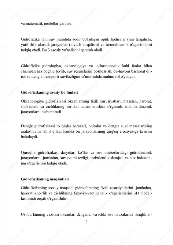 m rol o'ynaydi, 2-7 yil oralig'ida takrorlanishi mumkin. dengizlarni o'rganish dengizlarni o'rganishning asosiy vazifasi – ularning gidrologik rejimini (harorat, sho'rlanish, oqimlar) aniqlash va ularning mavsumiy o'zgarish qonuniyatlarini tadqiq qilishdir. dengizlarni o'rganishda gidrofizik tadqiqotlar, xususan, suv massalarining optik xususiyatlari, akustik signallarning tarqalishi va issiqlik almashinuvini o'lchash muhim ahamiyatga ega. dengiz tubining relyefi va geologik tuzilishi, shuningdek, dengizdagi biologik resurslar taqsimotini o'rganish, dengiz muhitini muhofaza qilish bo'yicha tadbirlarni ishlab chiqishda qo'l keladi. daryolarni o'rganish daryolarni o'rganish, ularning gidrologik rejimini, suv balansini va oqim miqdorini aniqlash orqali suv resurslarini boshqarishda muhim rol o'ynaydi. daryo o'zanlarining morfologik xususiyatlari, eroziya va akkumulyatsiya jarayonlari gidroenergetika inshootlarini loyihalashda va suv toshqinlariga qarshi kurashishda zarurdir. daryo suvlarining kimyoviy tarkibi va ifloslanish darajasini baholash ekologik monitoring va suv sifatini yaxshilash bo'yicha chora-tadbirlar ishlab chiqish uchun asos bo'ladi. ko'llarni o'rganish ko'llarni o'rganish, ularning gidrologik rejimini, suv balansini aniqlashni o'z ichiga oladi, bu orqali suv resurslarini boshqarishning ilmiy asosi yaratiladi. ko'llarni …