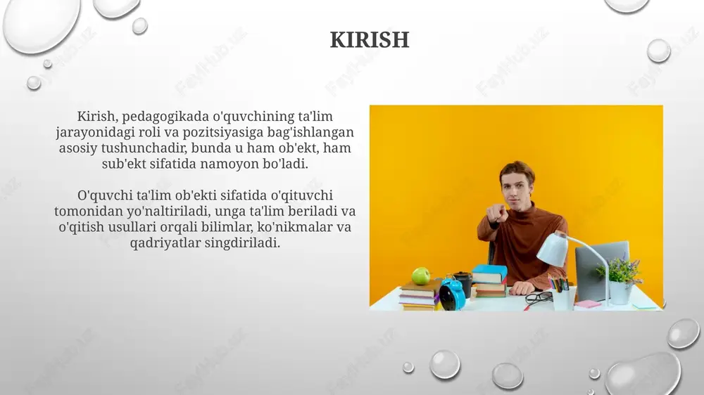 roki, mustaqil fikrlashi va ijodiy qobiliyatlariga e'tibor qaratildi. o'quvchilar 2.0 uslubini qo'llashdi. talabalarning individual xususiyatlarini hisobga olish o'quv jarayonida talabaning qiziqishlari, qobiliyatlari va o'rganish uslublariga e'tibor qaratish, masalan, vizual, auditorial yoki kinestetik usullarni hisobga olish muhim ahamiyatga ega. differentsiallashtirilgan ta'lim yondashuvi orqali, har bir talabaning bilish darajasi (masalan, bloom taksonomiyasining 6 bosqichi) va o'quv materialiga moslashuvchanlikni ta'minlash lozim. kritik fikrlash va muammolarni hal qilish ko'nikmalarini rivojlantirish tanqidiy fikrlashni rivojlantirish uchun sokrat usuli kabi interaktiv metodlardan foydalanish muhim, bu orqali 5w1h (who, what, where, when, why, how) savollar beriladi. muammolarni hal qilish ko'nikmalari uchun '5 nima uchun' texnikasidan foydalanish mumkin, bu muammoning ildizini topish uchun 5 marta 'nima uchun?' so'rashni o'z ichiga oladi. xulosa xulosa - bu ta'lim jarayonida talabaning o'rgangan bilim, ko'nikma va kompetensiyalarini umumlashtiruvchi yakuniy bosqich bo'lib, uni baholash uchun ishlatiladi. pedagogik xulosalar talabalarning muayyan o'quv dasturi yoki kursdan so'ng erishgan natijalari, o'zgarishlari va rivojlanishini baholash uchun muhim 360 …