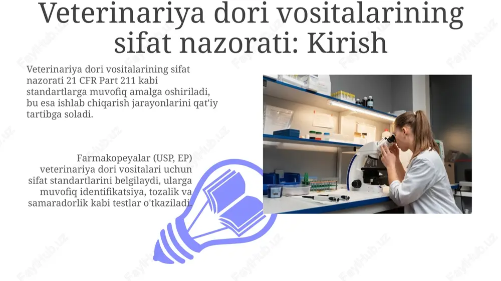 vakolatlari sogʻliqni saqlash vazirligiga yuklatilgan. oʻzbekiston respublikasi vazirlar mahkamasining 2018-yil 7-avgustdagi 634-son qarori bilan dori vositalari sifatini nazorat qilish tartibi belgilangan va aniq vazifalar koʻrsatilgan. xulosa va tavsiyalar veterinariya dori vositalari sifat nazoratini kuchaytirish, risk-asoslangan yondashuv orqali 15% gacha soxta mahsulotni aniqlash imkonini beradi. farmatsevtika kompaniyalariga investitsiyalarni ko'paytirish orqali 2025 yilga kelib standartlarga javob beradigan dori vositalari ishlab chiqarishni 30% ga oshirish zarur. e'tiboringiz uchun rahmat image4.png image5.jpg image6.jpg image7.jpg image8.jpg image9.jpg image10.jpg image11.jpg image12.jpg image13.jpg image14.jpg image1.jpeg image2.jpeg image3.jpeg