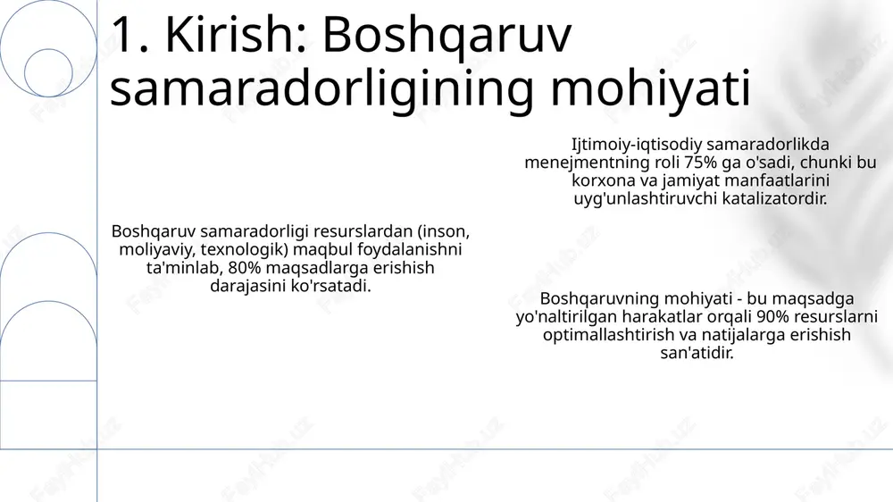 dorligi aholi jon boshiga yaimning o'sishi bilan o'lchanadi, 2023-yilda bu ko'rsatkich 5%ga oshishi kutilmoqda. davlat boshqaruvidagi korrupsiyaning darajasi 10 ballik shkala bo'yicha 2.5 dan past bo'lishi iqtisodiy o'sishga 0.8% qo'shimcha ta'sir ko'rsatadi. ijtimoiy sohada, masalan, ta'limga investitsiyalar 15%ga oshganda, aholining savodxonlik darajasi 98%ga yetishi davlat samaradorligidan dalolat beradi. 7. davlat boshqaruvining ijtimoiy-iqtisodiy samaradorligi korporativ boshqaruvda aktivlardan foydalanish samaradorligi, roi (sarmoyaning qaytarilishi) kabi ko'rsatkichlar orqali baholanadi, bu 15% dan yuqori bo'lishi kerak, shunda daromadlilik ortadi. korporativ boshqaruv tizimi shaffofligi moliyaviy hisobotlarning aniqligini ta'minlaydi va investorlar ishonchini oshiradi, bu esa kapital narxini 5-10% ga kamaytirishi mumkin. innovatsiyalarni qo'llab-quvvatlash va yangi texnologiyalarni joriy etish korporativ boshqaruvning asosiy vazifasidir, bu esa mahsulot unumdorligini 20% ga oshirishi va xarajatlarni kamaytirishi mumkin. 8. korporativ boshqaruvning iqtisodiy samaradorligi korxonalarda ijtimoiy dasturlarga 15% investitsiya kiritish orqali xodimlarning ish unumdorligini 8-10% ga oshirish mumkin, bu esa rentabellikni oshiradi. davlat boshqaruvida shaffoflikni 25% ga oshirish uchun raqamli platformalarni joriy etish …