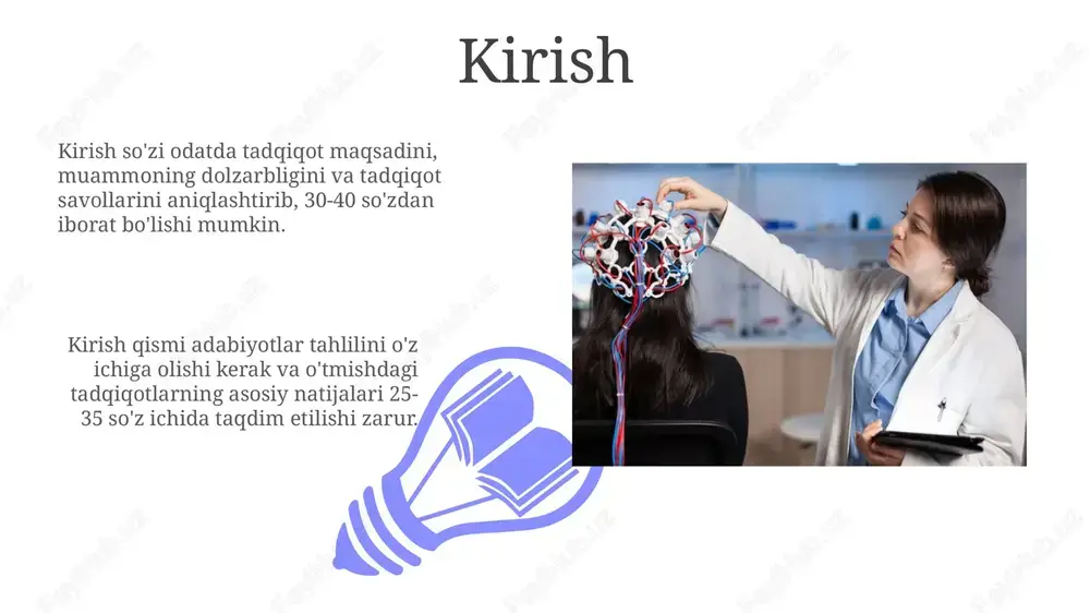 ni beradi. katta ma'lumotlar tahlili va mashina o'rganish algoritmlari xulq-atvordagi nozik naqshlarni aniqlash uchun qo'llaniladi, bu esa eksperimental natijalarni kuchaytiradi. so'nggi natijalar va tendentsiyalar so'nggi tadqiqotlar kognitiv yukni baholashda neyroimaging (fmri) usullaridan foydalanishning ortib borayotgan tendentsiyasini ko'rsatadi, bu xatti-harakat ko'rsatkichlaridan tashqari 70% aniqlik beradi. meta-tahlillar shuni ko'rsatadiki, psixologik aralashuvlarning uzoq muddatli ta'siri 6 oydan keyin sezilarli darajada kamayadi (taxminan 30%), bu mustahkamlash protokollariga ehtiyojni ta'kidlaydi. kelajakdagi istiqbollar 01 02 kelajakdagi istiqbollar psixologiya fanida neyrointerfeyslar yordamida miya faoliyatini o'rganish va inson xatti-harakatini bashorat qilish imkoniyatini 2030-yilgacha kengaytirishni ko'rsatadi. sales 1st qtr 2nd qtr 100 0 sales 1st qtr 2nd qtr 100 0 xulosa "xulosa" tadqiqotning yakuniy bosqichi bo'lib, unda olingan natijalarning qisqacha, ammo aniq taqdimoti beriladi, masalan, 75% ishtirokchilar gipotezani qo'llab-quvvatladi. "xulosa" bo'limida tadqiqotning amaliy ahamiyati va kelajakdagi yo'nalishlari muhokama qilinadi, masalan, ushbu topilmalar kognitiv terapiya usullarini yaxshilashga yordam beradi. e'tiboringiz uchun rahmat image4.png image5.jpg image6.jpg image7.jpg image8.jpg image9.jpg image10.jpg image11.jpg …