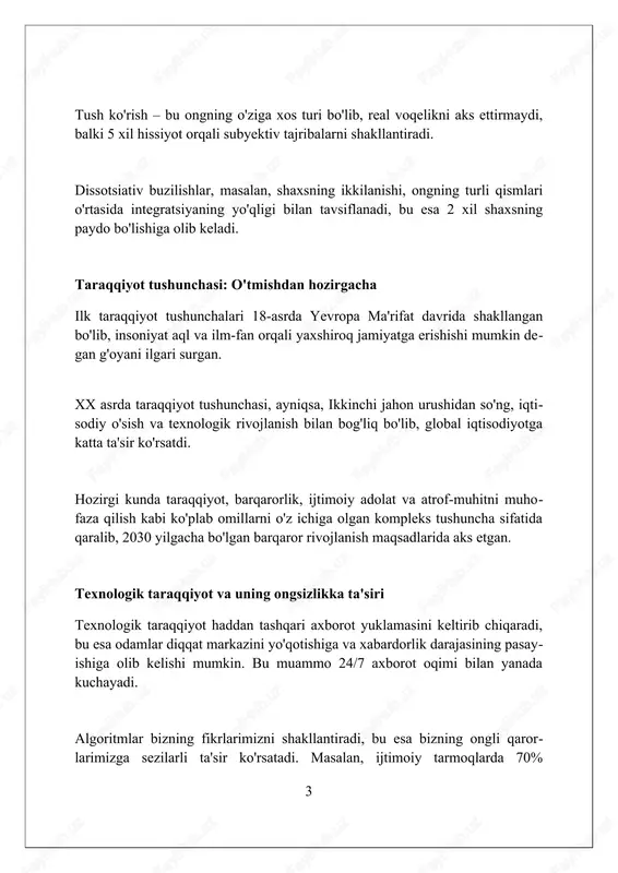 o'lgan kun tartibidagi barqaror rivojlanish maqsadlariga erishishda muhim rol o'ynaydi. ongli tanlovlar, jumladan, 30% energiya samaradorligini oshirish, iqtisodiyotning 5 asosiy sektorida resurslardan foydalanish samaradorligini oshirishga yordam beradi. iqtisodiy taraqqiyotda ongli tanlovlar 2024-2026 yillarda gender tenglikni ta'minlash, ta'lim sifatini yaxshilash va 17 ta barqaror rivojlanish maqsadlariga erishishni anglatadi. ongsiz xatti-harakatlarning taraqqiyotdagi roli ongsiz xatti-harakatlar 1-bosqichda instinktiv reaksiyalarni tezkor qabul qilishga yordam beradi, bu esa erta insoniyatning omon qolish darajasini 70 foizga oshirgan bo’lishi mumkin. progress jarayonida ongsiz xatti-harakatlar innovatsion echimlarni 35% tezroq topishga turtki bo'ladi, chunki intuitiv fikrlash ongli tahlildan oldinroq ishlaydi. ongsiz xatti-harakatlar jamiyatda 90% ijtimoiy normalarni singdirishga yordam beradi, bu esa progressning barqaror bo'lishiga va madaniy evolyutsiyaga turtki beradi. taraqqiyotning salbiy oqibatlari: ongsizlikning yashirin tomonlari taraqqiyotning haddan tashqari tezligi madaniy merosning yo'qolishiga olib kelishi mumkin, 20-asrda texnologiyaning rivojlanishi an'anaviy hunarmandchilikka zarar yetkazdi. iste'molchilikning o'sishi axloqiy qadriyatlarning susayishiga olib keladi, bu 1950-yillardan boshlab individualizmning kuchayishi bilan bog'liq. atrof-muhitning ifloslanishi va …