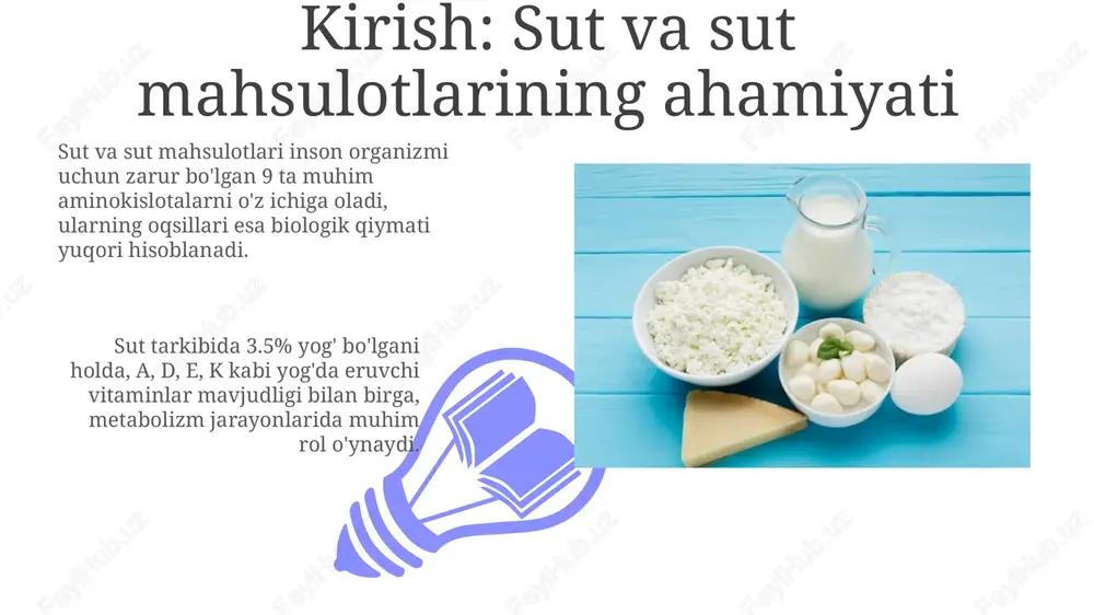 ori aniqlikni ta'minlaydi, lekin namunani oldindan tayyorlash talab etiladi va mg2+ ionlari xalaqit berishi mumkin. atom-absorbsion spektrometriya (aas) ca miqdorini aniqlashda juda sezgir, 1-10 ppm oralig'ida, lekin qimmat uskunalarni talab qiladi va har bir element uchun alohida lampalar kerak. natijalar va xulosalar sutdagi kislotalik miqdori titrlash usuli orqali aniqlanadi, natijalar 0.15% dan 0.18% gacha bo'lishi normal hisoblanadi, bu sut sifatini ko'rsatadi. yog' miqdori gerber usuli bilan o'lchanadi, 3.2% dan kam bo'lmasligi kerak, bu mahsulotning to'liqligini va ozuqaviy qiymatini belgilaydi. e'tiboringiz uchun rahmat image4.png image5.jpg image6.jpg image7.jpg image8.jpg image9.jpg image10.jpg image11.jpg image12.jpg image13.jpg image14.jpg image1.jpeg image2.jpeg image3.jpeg