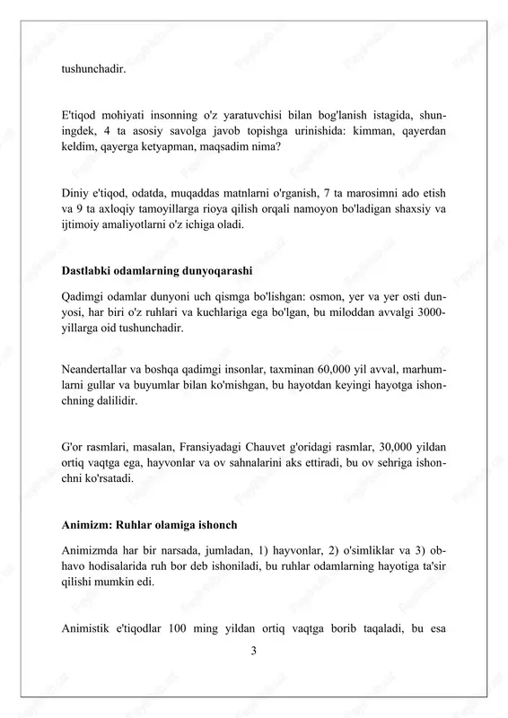 ziynat kabi narsalarni qo'yishgan, bu esa ruhga kerak bo'ladi. qadimgi misrliklar, o'limdan keyingi hayot uchun murdani mumiyalash va uni 'o'liklar kitobi' kabi ko'rsatmalar bilan ta'minlash muhim deb hisoblashgan. bu o'limdan so'ng ruhga yo'l ko'rsatadi. onalik kulti va unumdorlik e'tiqodlari onalik kultida ayol zoti, ayniqsa, uning tug‘ish qobiliyati, hayot beruvchi manba sifatida ulug‘langan, bu miloddan avvalgi 3000-yillarga borib taqaladi. unumdorlik e’tiqodlari, odatda, hosildorlikni oshirish maqsadida marosimlar va qurbonliklar bilan bog‘liq bo‘lib, bu dehqonchilikning rivojlanishi (miloddan avvalgi 8000-yillar) bilan parallel rivojlangan. ko‘pgina qabilalar onalik ma’budasini yerning unumdorligi, o‘simliklar o‘sishi va hayvonlarning ko‘payishi bilan bog‘lashgan, bu esa jamiyatlarning iqtisodiy barqarorligiga bevosita ta’sir qilgan. qurbonliklar: xudolarga yoqish qurbonliklar, ehtimol, miloddan avvalgi 3000-yillarda paydo bo'lgan, qadimgi odamlarning xudolar g'azabini tinchlantirish yoki ularning iltifotiga sazovor bo'lish usuli bo'lgan. ba'zi qurbonliklar, masalan, hayvonlarni so'yish, qon to'kish bilan bog'liq edi, chunki qon hayotiy kuch hisoblanib, xudolarga taqdim etish orqali ularni quvvatlantirishgan. qurbonlik qilish marosimlari, odatda, muayyan vaqtlarda, masalan, …