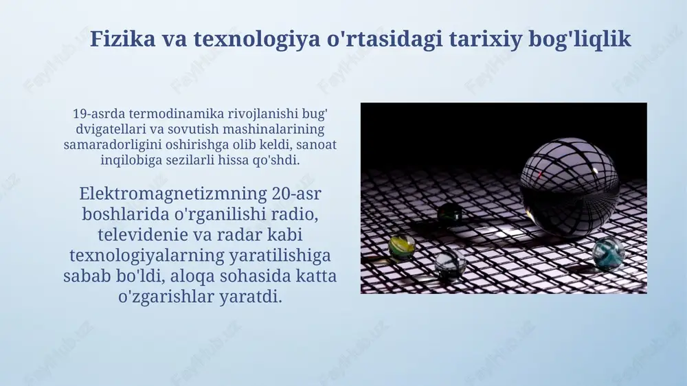 larga ta'siri 20-asrda kvant mexanikasi yarimo'tkazgichli texnologiyalar rivojiga olib keldi, transistorlar, diodlar va integral mikrosxemalar yaratish imkonini berdi, bu esa elektronikaning inqilobiy o'zgarishiga sabab bo'ldi. nisbiylik nazariyasi va yadro fizikasining birlashuvi atom energiyasini kashf etishga olib keldi. bu yadroviy quvvat stansiyalari va tibbiyotda qo'llaniladigan radioizotoplar yaratilishiga sabab bo'ldi. atom fizikasi va yadroviy texnologiyalar 1938-yilda otto gan va frits strassmanning uran atomini bombardimon qilish tajribasi yadro parchalanishini kashf etdi, bu esa atom bombasini yaratishga yo'l ochdi. yadroviy reaktorlar 235-uran kabi izotoplarning nazorat qilinadigan zanjirli reaksiyalaridan foydalanib, elektr energiyasi ishlab chiqaradi va tibbiyotda qo'llaniladigan radioizotoplarni yaratadi. kvant mexanikasi va yangi materiallar kvant mexanikasi, 20-asrda yaratilgan, yarimo'tkazgichlar texnologiyasi uchun asos bo'lib, transistorlarning ishlashini tushuntiradi va ularni loyihalash imkonini beradi. kvant effektlari, masalan, kvant nuqtalari orqali 1-10 nanometr o'lchamdagi yangi materiallar yaratishga imkon berdi, ularning optik va elektron xususiyatlari o'lchamga bog'liq. yarimo'tkazgichlar va elektronika inqilobi 1947-yilda tranzistorning kashf etilishi yarimo'tkazgichli elektronika inqilobining boshlanishini belgiladi, …