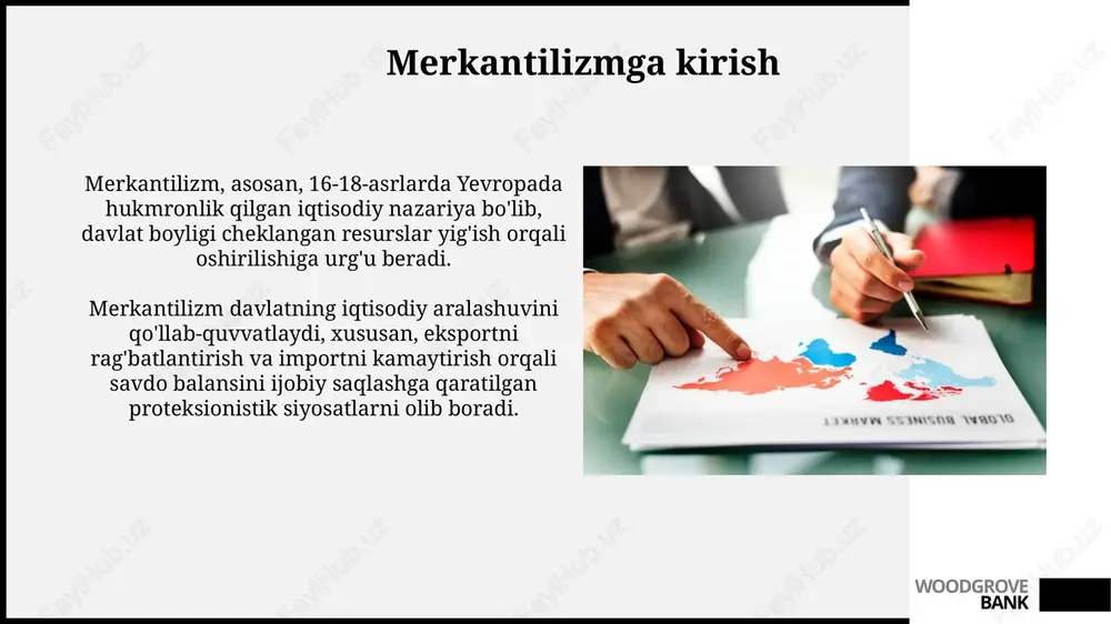 rinib, merkantilizmning klassik misoli bo'ldi. woodgrove bank merkantilizmning tanqidi merkantilizmning tanqidi, xususan, devid xyumning narx-pul mexanizmi nazariyasi orqali amalga oshirildi, bu esa pul massasining ortishi uzoq muddatda narxlarning oshishiga olib kelishini ko'rsatdi. adam smitning «xalqlar boyligi» asarida merkantilizmning proteksionistik siyosati tanqid qilingan, erkin savdoning afzalliklari ko'rsatilgan va 18-asrda muhim o'zgarishlarga olib kelgan. woodgrove bank merkantilizm va zamonaviy iqtisodiyot merkantilizmning “nol yig'indi” (zero-sum) o'yini konsepsiyasi, bir davlatning iqtisodiy yutug'i boshqasining yo'qotishi ekanligini anglatadi, global hamkorlikka to'sqinlik qilishi mumkin, bu zamonaviy iqtisodiyotda kamroq o'rin egallaydi. ba'zi davlatlar protektsionistik siyosatni qo'llash orqali merkantilizm elementlarini namoyon etsalar ham, global ta'minot zanjirlari va 1947-yildagi gatt kelishuvi kabi savdo bitimlari avtarkiyaga qarshi turadi. woodgrove bank neo-merkantilizm nima? neo-merkantilizm 20-asrning oxirida paydo boʻlgan, eksportni ragʻbatlantirish va importni cheklash orqali savdo balansini faol qoʻllab-quvvatlash siyosatidir. bu siyosat 17-18-asrlardagi klassik merkantilizmdan farqli ravishda, valyuta manipulyatsiyasi va protektsionistik choralarni oʻz ichiga oladi, masalan, yuqori bojlar. woodgrove bank xulosa merkantilizm davrida …