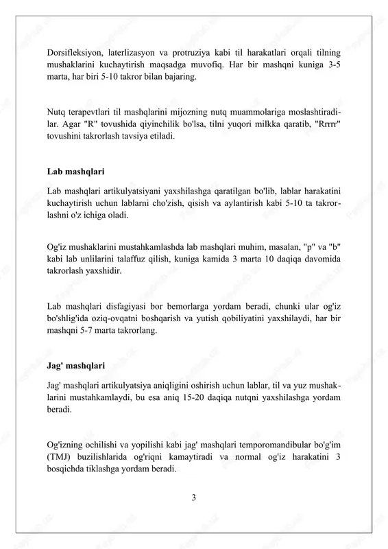 at (issiq/sovuq), yengil tegish, bosim, vibratsiya, proprioziya (tana holati) va ta'mni yaxshilashga qaratilgan. masalan, 5-10 soniya davomida muz bo'lagini lablar atrofida aylantirish harorat sezgisini kuchaytiradi va ovqatlanishda og'iz a'zolarining reaktsiyasini yaxshilaydi. turli xil teksturali (masalan, qo'pol, silliq) materiallardan foydalanish vibratsiya va bosim sezgilarini rivojlantiradi, nutq aniqligi va ovqatni qayta ishlashga yordam beradi. yutish mashqlari yutish mashqlari, masalan, mendelson manevri, hiqildoq ko'tarilishini 2-3 soniya ushlab turishni o'z ichiga oladi, bu esa hiqildoqning yuqori harakatini oshiradi. og'iz bo'shlig'i mashqlari tilning harakatchanligini yaxshilaydi, tilni oldinga, orqaga va yon tomonlarga 10-15 marta harakatlantirish orqali yutishning 3 bosqichiga ta'sir qiladi. boshni egish mashqlari, masalan, chin-tak mashqi, ovqatning nafas yo'liga tushish xavfini kamaytiradi va hiqildoqni 45 daraja burchak ostida egishni o'z ichiga oladi. nutqning ravonligi mashqlari "nafasni nazorat qilish" mashqlari nutqning ravonligini yaxshilashga yordam beradi, bunda 4-5 soniya davomida nafas olish va 6-7 soniya davomida sekin nafas chiqarish muhim. "bo'g'inlarni cho'zish" mashqlari orqali og'iz bo'shlig'idagi mushaklarning …