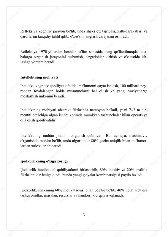 . refleksiya, ijodiy jarayonda, 10 xil kognitiv biasni bartaraf etadi, original g'oyalarni 20% ko'proq ishlab chiqish imkonini beradi va natijalarning sifati 30% oshadi. refleksiya, intellekt va ijodkorlikni rivojlantirish usullari tanqidiy fikrlashni rivojlantirish uchun, 5w1h usulidan foydalaning: nima, nega, qachon, qayerda, kim, qanday? bu savollar refleksiv tahlil qilish imkonini beradi. intellektual moslashuvchanlikni oshirish uchun, kamida 3 ta turli sohada kitob o'qing. yangi g'oyalar va qarashlar miyani yangi yo'llar bilan bog'lashga yordam beradi. ijodkorlikni rivojlantirish uchun "random word association" texnikasidan foydalaning. tasodifiy so'zni tanlang va uning bilan bog'liq 10 ta g'oyani yozing. bu original fikrlashni rag'batlantiradi. tanqidiy fikrlashning ahamiyati tanqidiy fikrlash 21-asr ko'nikmalaridan biri bo'lib, faktlarni analiz qilish, g'oyalarni baholash orqali 90% aniqroq qarorlar qabul qilishga yordam beradi. tanqidiy fikrlashning afzalligi – ma'lumotlarni 85% samarali filtrlash, noto'g'ri xulosalarga yo'l qo'ymaslik va 70% holatlarda muammolarni tezroq hal qilishga yordam beradi. tanqidiy fikrlash orqali 60% gacha innovatsion yechimlar topish, mavjud 30% g'oyalarni yaxshilash va …