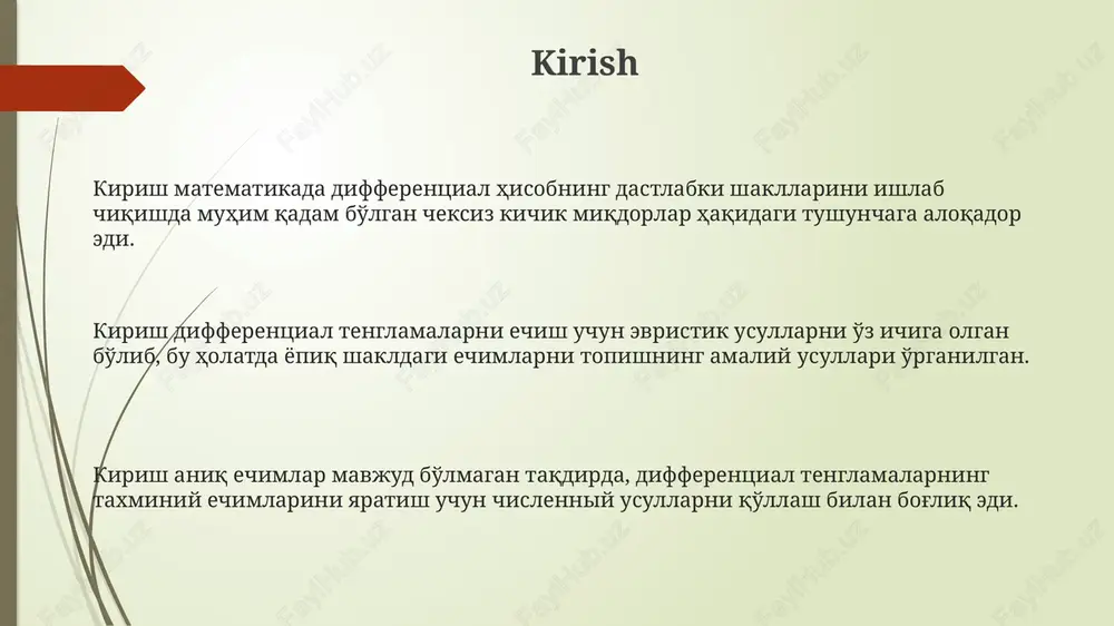 uvchi usulini ishlab chiqdi, bu esa birinchi tartibli tenglamalarni yechish imkonini berdi va 1695 yilda nashr etildi. eyler variatsion hisobga katta hissa qo'shdi va 1757 yilda eyler-lagranj tenglamasini ishlab chiqdi, bu esa funksionallarni optimallashtirishda muhim ahamiyatga ega bo'ldi. bernulli va eyler o'rtasida garmonik tebranishlar, elastiklik nazariyasi va gidrodinamika kabi masalalar bo'yicha muntazam yozishmalar bo'lib, fan rivojiga turtki berdi. differensial tenglamalarni yechish usullari: dastlabki yondashuvlar integrallash ko'paytiruvchilari usuli, 18-asrda eyuler tomonidan ishlab chiqilgan, tenglamani integrallash mumkin bo'lgan shaklga keltirish uchun funksiyani topishga asoslangan, bu usul birinchi tartibli tenglamalar uchun muhim edi. differensial tenglamalarni yechishning dastlabki usullari asosan geometrik edi, masalan, egri chiziqlar oilasini topish uchun izoklinlardan foydalanish, bu 17-18 asrlarda keng qo'llanilgan. o'zgaruvchilarni ajratish usuli, differensial tenglamani integrallash uchun o'zgaruvchilarni turli tomonga ajratishga qaratilgan, bu usul birinchi tartibli tenglamalarni yechishda keng tarqalgan bo'lib, aniq yechimni topishga imkon beradi. lagranj va laplasning ishlari lagranj variatsion hisobga muhim hissa qo'shdi, xususan, minimallashtirish muammolarini …