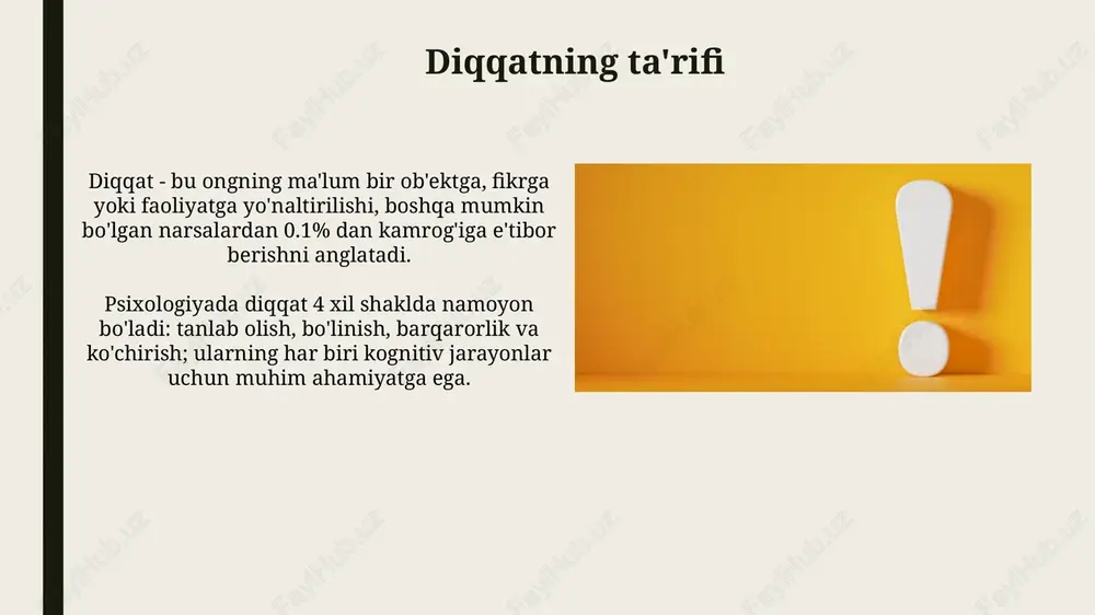 un zarur. diqqatning ahamiyati, ayniqsa, 0 dan 10 yoshgacha bo'lgan bolalarda muhim, chunki bu davrda miya rivojlanishi uchun diqqatni jamlash qobiliyati asosiy omil hisoblanadi. diqqatni boshqarish strategiyalari "pomodoro" texnikasi, 25 daqiqalik diqqat jamlash va 5 daqiqalik tanaffuslardan iborat bo'lib, miyani charchashdan saqlaydi va samaradorlikni oshiradi. "time blocking" usuli har bir vazifaga aniq vaqt ajratish orqali, diqqatni bir nechta vazifaga bo'linishining oldini oladi va fokusni kuchaytiradi. bolalarda diqqat bolalarda diqqatning asosiy xususiyati uning beqarorligidir, ayniqsa 3-5 yoshgacha. bu davrda diqqatning davomiyligi 10-15 daqiqadan oshmasligi mumkin, bu esa o'yinlar va mashg'ulotlarni qisqa bo'lishini talab qiladi. maktab yoshidagi bolalarda diqqatning hajmi ortadi, 7 yoshdan 10 yoshgacha bo'lgan bolalar bir vaqtning o'zida 3-4 ta ob'ektga e'tibor qaratishi mumkin. bu ko'rsatkich o'quv jarayonida muhim rol o'ynaydi. kattalarda diqqat kattalarda diqqatning buzilishi 50% gacha holatlarda uchraydi, bu esa kundalik vazifalarni bajarishda qiyinchiliklar tug'diradi, ayniqsa, bir nechta topshiriqni bir vaqtda bajarishda. kattalarda diqqatning davomiyligi o'rtacha 20 daqiqadan …