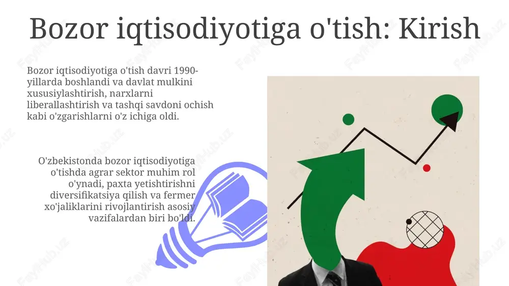 etishni va 5 yillik rejalashtirishdan voz kechishni o'z ichiga oldi. ijtimoiy himoya choralari ijtimoiy himoya choralari bozor iqtisodiyotiga o'tish davrida aholining zaif qatlamlarini qo'llab-quvvatlash uchun pensiya ta'minoti va nafaqalar tizimini modernizatsiya qilishni o'z ichiga oladi. bozor iqtisodiyotiga o'tishda ishsizlik xavfini kamaytirish maqsadida yangi ish o'rinlarini yaratishga qaratilgan davlat dasturlari hamda kasbiy qayta tayyorlash kurslari tashkil etiladi. makroiqtisodiy barqarorlik makroiqtisodiy barqarorlik inflyatsiyani 10% dan past darajada ushlab turishni, davlat qarzining yaimga nisbatini 60%dan oshirmaslikni va valyuta kursining keskin o'zgarishiga yo'l qo'ymaslikni anglatadi. byudjet defitsitini yaimning 3% dan oshirmaslik, tashqi savdo balansini ijobiy saqlash va xususiy investitsiyalarni yaimning kamida 20%iga yetkazish makroiqtisodiy barqarorlikning muhim ko'rsatkichlaridir. xorijiy investitsiyalarni jalb qilish 01 02 chet el investitsiyalarini jalb qilish o'zbekistonda soliq imtiyozlari va soddalashtirilgan ro'yxatga olish tartibi orqali investitsion muhitni yaxshilashga qaratilgan 1990-yillardan beri ustuvor vazifa hisoblanadi. sales 1st qtr 2nd qtr 100 0 sales 1st qtr 2nd qtr 100 0 kichik va o'rta biznesni …