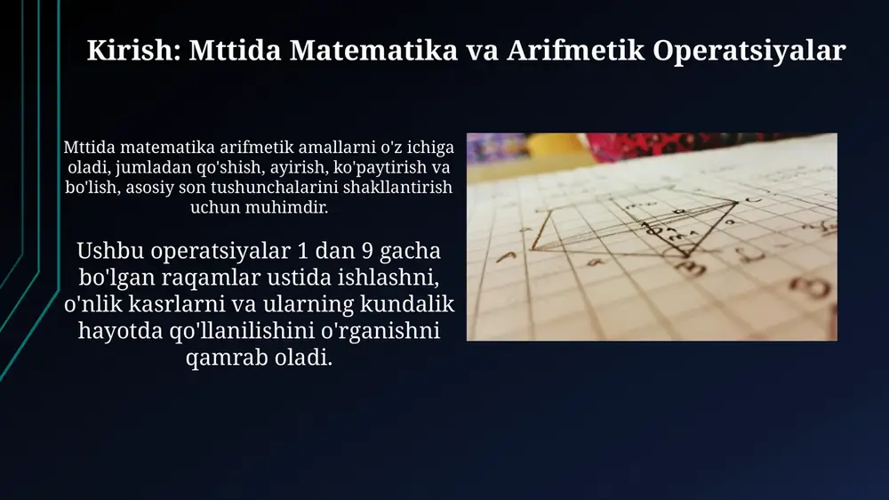 tirish va bo'lish (multiplication/division), keyin esa qo'shish va ayirish (addition/subtraction) amalga oshiriladi. ko'paytirish va bo'lish yoki qo'shish va ayirish kabi bir xil ustuvorlikdagi amallar chapdan o'ngga qarab bajariladi. misol uchun, 10 / 2 * 3 ifodasida, avval bo'lish (10 / 2 = 5) so'ngra ko'paytirish (5 * 3 = 15) bajariladi. mttida hisoblash texnikalari: tez hisoblash usullari “mttida hisoblash texnikalari”da 9 ga ko‘paytirishning tezkor usuli mavjud, bunda sonni 10 ga ko‘paytirib, undan shu sonning o‘zini ayirish orqali oson hisoblanadi (masalan, 9 x 7 = (10 x 7) - 7 = 63). kvadrat ildizni tezda hisoblash uchun “mttida”da taxminiy usullar qo‘llaniladi, bunda sonning eng yaqin mukammal kvadratini topib, keyin iterativ ravishda qiymatni aniqlashtirib boriladi. arifmetik masalalarni yechish strategiyalari «masalni tushunish» bosqichi juda muhim, unda masalaning shartini diqqat bilan o'qib, berilgan 3 ta son va so'ralgan qiymatni aniqlash lozim. «reja tuzish»da masalni yechish yo'lini o'ylab topish kerak, masalan, 5 ga ko'paytirish va …