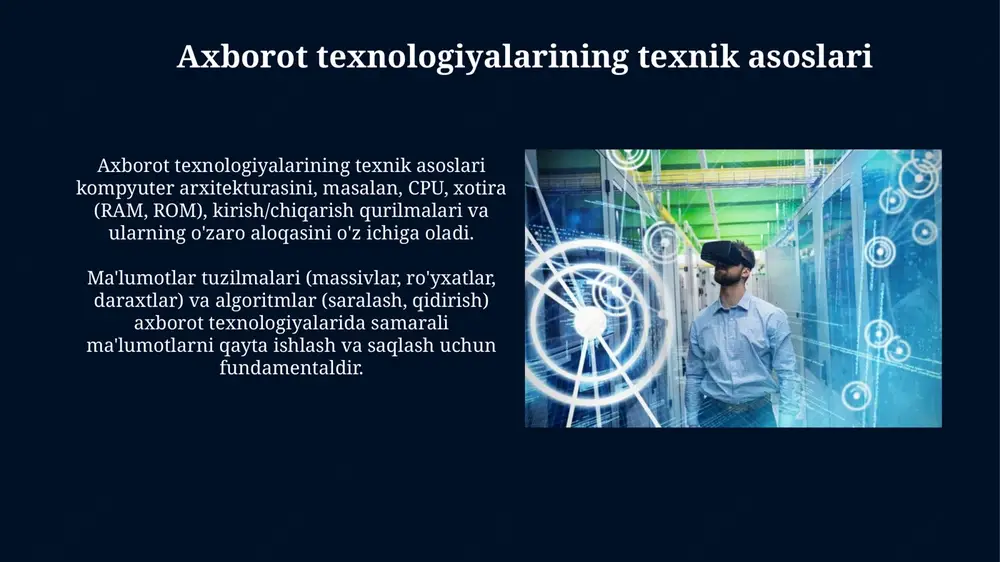 a, masalan, yo'l harakatini real vaqtda optimallashtirish, kechikishni kamaytirish va transport oqimini yaxshilash uchun edge computing ma'lumotlarni tez tahlil qilish imkonini beradi. sanoat avtomatlashtirishda edge hisoblash robotlar va sensorlardan olingan ma'lumotlarga asoslangan holda real vaqtda qarorlar qabul qilishga yordam berib, ishlab chiqarish samaradorligini oshiradi. virtual reallik (vr) texnologiyasiga kirish vr texnologiyasi ko'rish, eshitish va teginish kabi hissiy tajribalarni simulyatsiya qiluvchi immersiv muhit yaratadi, foydalanuvchini kompyuter tomonidan yaratilgan dunyoga to'liq jalb qiladi. vr qurilmalari, masalan, boshga o'rnatilgan displeylar (hmd) va qo'lqoplar, foydalanuvchilarga 3d muhit bilan o'zaro aloqada bo'lish imkonini beradi va realistik interaktsiyani ta'minlaydi. vr qurilmalari va interfeyslari vr qurilmalaridagi asosiy interfeyslar ko'rish uchun lcd yoki oled displeylardan, harakatni aniqlash uchun esa 9-dof imu sensorlaridan foydalanadi, bu virtual olamda aniq harakatni ta'minlaydi. ko'pgina vr qurilmalari 6dof (olti darajali erkinlik) izlash tizimiga ega, bu foydalanuvchiga virtual muhitda nafaqat aylanish, balki joylashuvni ham o'zgartirish imkonini beradi. vr dasturiy ta'minoti va vositalari vr dasturiy …