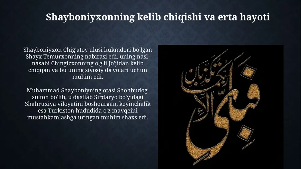 oni shayboniy"da so'fiylik ta'limotlari, ishqiy mavzular, axloqiy pand-nasihatlar va o'zbek adabiyotining 16-asrga xos uslublari aks etgan. safaviylar bilan to'qnashuv shayboniyxonning safaviylar bilan ilk to'qnashuvi 1507-yilda bo'lib o'tdi. marv uchun kurashda tomonlar o'zaro kuch sinashdilar, ammo bu jiddiy urushga aylanmadi. 1510-yilda shayboniyxon murg'ob daryosi bo'yida shoh ismoil i qo'shinlari bilan to'qnash keldi. bu jangda shayboniyxon halok bo'ldi va safaviylar g'alaba qozondi. marv jangi va shayboniyxonning halokati marv jangida shayboniyxonning halokati 1510-yilda yuz berdi, bu safaviylar davlati bilan bo'lgan kurashning hal qiluvchi nuqtasi bo'lib, movarounnahrning siyosiy xaritasini o'zgartirdi. shayboniyxonning marv jangidagi qo'shini soni safaviylar qo'shinidan ancha kam edi, bu esa jangning natijasiga ta'sir ko'rsatdi va uning harbiy strategiyasi samarasiz bo'ldi. shayboniyxonning harbiy strategiyasi shayboniyxonning harbiy strategiyasida qo'shinlarni 10, 100, 1000 kishilik bo'linmalarga ajratish muhim edi, bu esa tezkor boshqaruv va harakatni ta'minlar edi. uning strategiyasida asosiy e'tibor qo'shinning harakatchanligiga qaratilgan, ya'ni otliq qo'shinning tezkor manevrlari muhim rol o'ynagan va g'alabaga olib kelgan. …