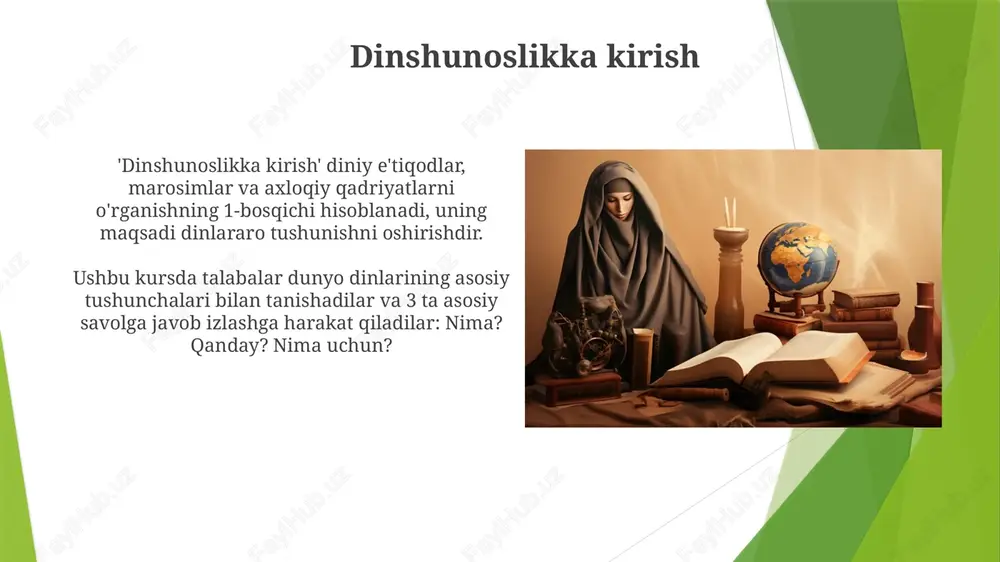 niy e’tiqod erkinligiga ega ekanligini anglatadi. oʻzbekistonda diniy xilma-xillik asosan islom, xristianlik va buddizm dinlaridan iborat boʻlib, ularning har biri oʻziga xos 10 dan ortiq mazhab va yoʻnalishlarga ega. din va siyosat «din va siyosat» tushunchasi diniy e’tiqod va siyosiy hokimiyat o’rtasidagi munosabatlarni o’rganadi, bu munosabatlar 1990-yillarda markaziy osiyoda muhim ahamiyat kasb etdi. ko’pgina davlatlarda din va siyosat ajratilgan, lekin ayrim hollarda din siyosiy qarorlarga ta’sir qilishi mumkin, bu esa 2000-yillarda bahs-munozaralarga sabab bo’lgan. diniy oqimlar va mazhablar diniy oqimlar va mazhablar ko'pincha siyosiy, ijtimoiy-iqtisodiy omillar ta'sirida shakllanadi, bu esa ularning 7-asr arab xalifaligidagi rivojlanishiga ta'sir ko'rsatgan. islomda sunniylik va shialik kabi mazhablar asosiy farqlarga ega, masalan, imomning roli 12 imomlik shialikda muhim, sunniylikda esa ulamolar kengashiga bog'liq. diniy o'zgarish va modernizatsiya modernizatsiya davrida diniy o'zgarishlar, masalan, 19-asrda islohotchi harakatlar, diniy matnlarni yangi talqin qilish va amallarni soddalashtirishga olib keldi. 20-asr diniy o'zgarishlarida dunyoviylik kuchayishi, 70-yillarda fundamentalizmning qayta tiklanishi, yangi …