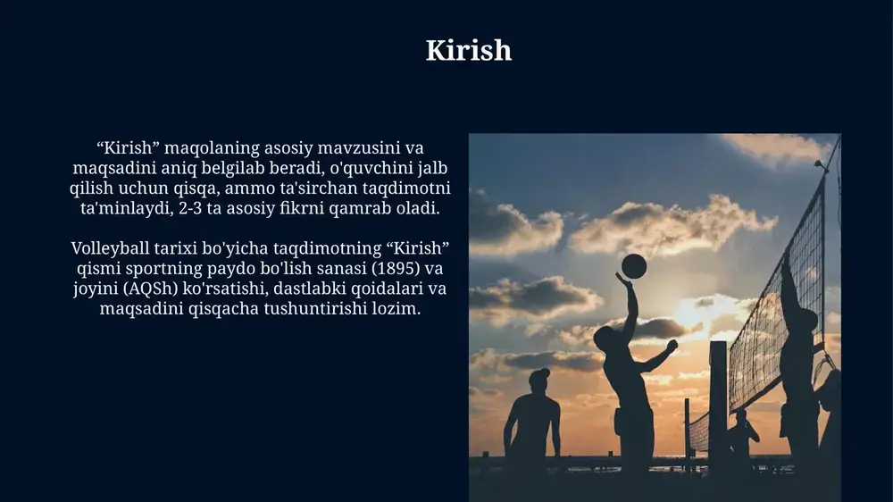 b keldi va himoyani kuchaytirdi. beach volleyballning paydo bo'lishi 1920-yillarda kaliforniya plyajlarida dam olayotganlar uchun o'yin-kulgi sifatida paydo bo'lgan, bu an'anaviy voleybolning soddalashtirilgan, norasmiy shakli edi. 1930-yillarda kaliforniyada birinchi rasmiy beach voleybol musobaqalari tashkil etildi, bu esa o'yinning qoidalashuviga va rivojlanishiga turtki berdi. volleyballning mashhurligi va ommaviylashuvi 1964-yilda tokioda o'tkazilgan yozgi olimpiya o'yinlarida voleybol sportining kiritilishi uning global miqyosda mashhurligini keskin oshirdi, ko'plab yangi muxlislarni jalb qildi. 1990-yillarda plyaj voleybolining paydo bo'lishi, ayniqsa olimpiya o'yinlarida namoyish etilishi, voleybolning ommaviylashuviga sezilarli hissa qo'shdi va diqqatni tortdi. xx asrning oxiri va xxi asrning boshlari: yangi tendentsiyalar xx asr oxirida libero pozitsiyasining joriy etilishi himoyaviy o'yinni sezilarli darajada yaxshiladi, 1998-yilda fivb tomonidan qabul qilingan bu qoida o'yin taktikasini o'zgartirdi. 2000-yillarning boshlarida ball to'plash tizimi ralli balliga o'zgartirildi, bu har bir servis uchun ball berishni anglatadi va o'yinlarning davomiyligini sezilarli darajada qisqartirdi. zamonaviy volleyball qoidalari va uskunalar libero o'yinchisining maxsus qoidalari mavjud: ular faqat …