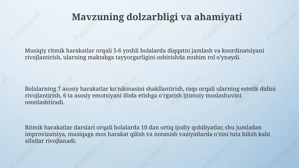 va harakatlarning 70-80% musiqa ritmiga mos bo'lishi kerak. baholash mezonlari ijodiy ifoda mezonlari, masalan, 5 ta turli musiqa asbobiga ritmik moslashuvchanlik va hissiylik 1 dan 4 ballgacha o'lchanadi. bolalarning 8 ta asosiy ritmik harakatni aniq bajarish darajasi, masalan, yurish, yugurish va sakrashni 1 dan 3 gacha baholash orqali aniqlanadi. musiqiy ritmga 7 ta oddiy harakat kombinatsiyasini sinxronlashtirish qobiliyati 0 dan 2 gacha baholanadi, bu yerda 2 - mukammal muvofiqlikni anglatadi. kutilayotgan natijalar kutilayotgan natijalarga 70% bolalar ritmik harakatlarni to'g'ri bajarishni o'zlashtirishi, 60% esa musiqiy asarlar tempiga moslashuvchanlikni namoyon etishi kiradi. mashg'ulotlar so'ngida 85% bolalar ritmik harakatlarni bajarishda koordinatsiyani yaxshilaydi, 50% esa oddiy xoreografik elementlarni ijro eta oladi. kutilayotgan natijalarda 40% bolalar musiqaga bo'lgan qiziqishini oshirishi va 30% ijodiy qobiliyatlarini, masalan, improvizatsiya elementlarini namoyon etishi mumkin. e'tiboringiz uchun rahmat image4.png image3.jpeg